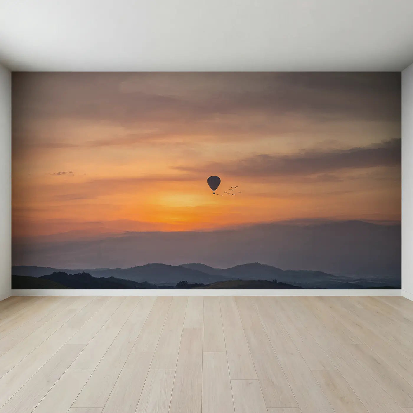 Full view of Sunset Sky Balloon Wallpaper Mural by Whimsy Tots