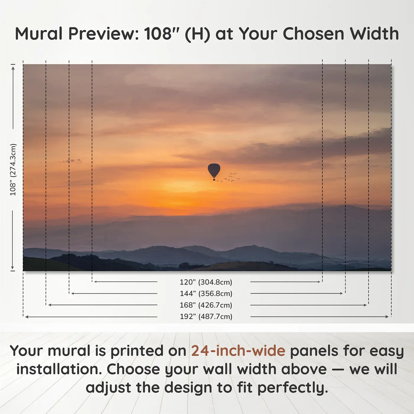 Panel layout and dimensions for Sunset Sky Balloon Wallpaper Mural by Whimsy Tots