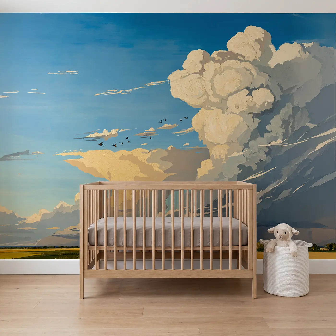 Modern illustration summer thunderhead clouds wallpaper mural for nursery by Whimsy Tots