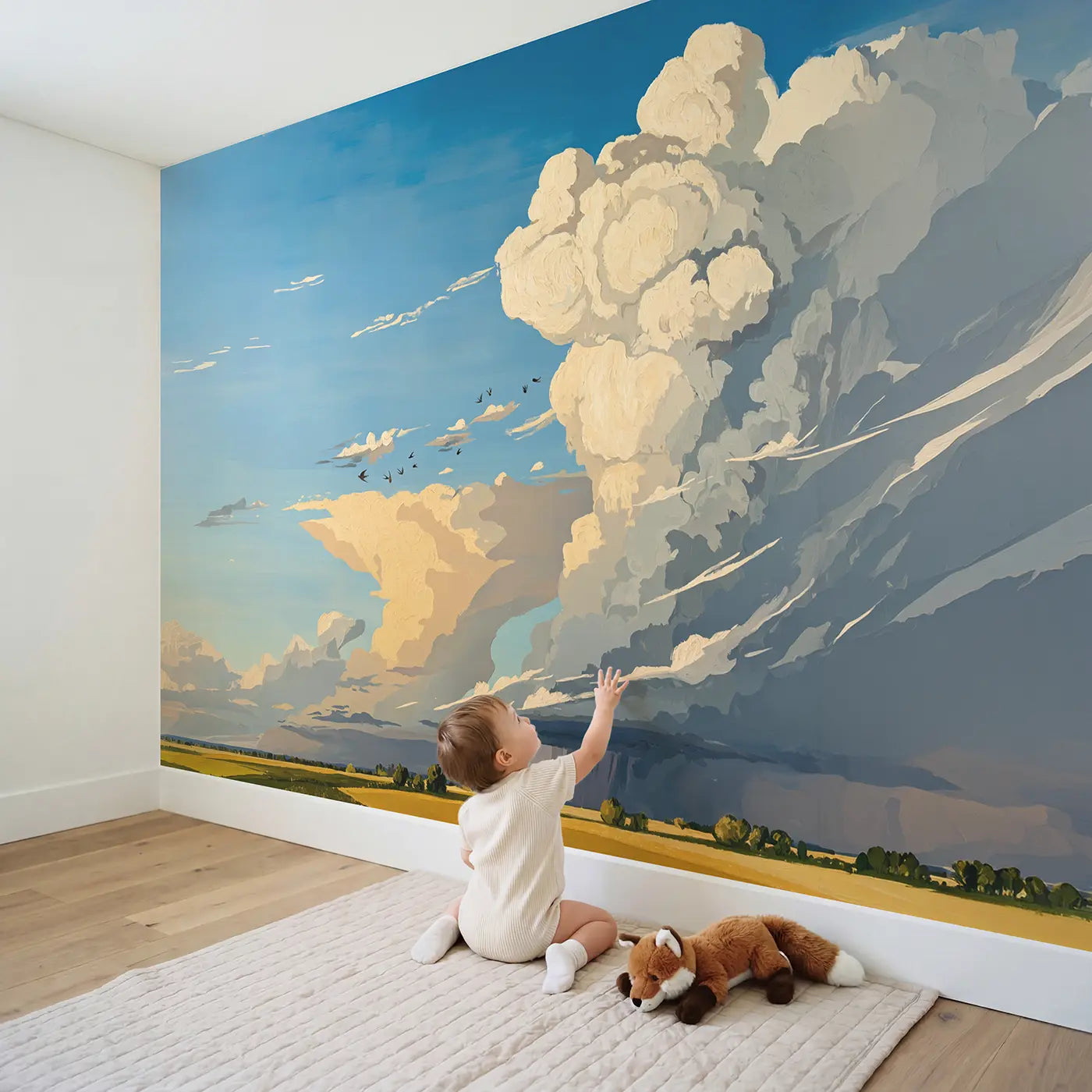 Child in nursery with Summer Thunderhead Sky Wallpaper Mural by Whimsy Tots