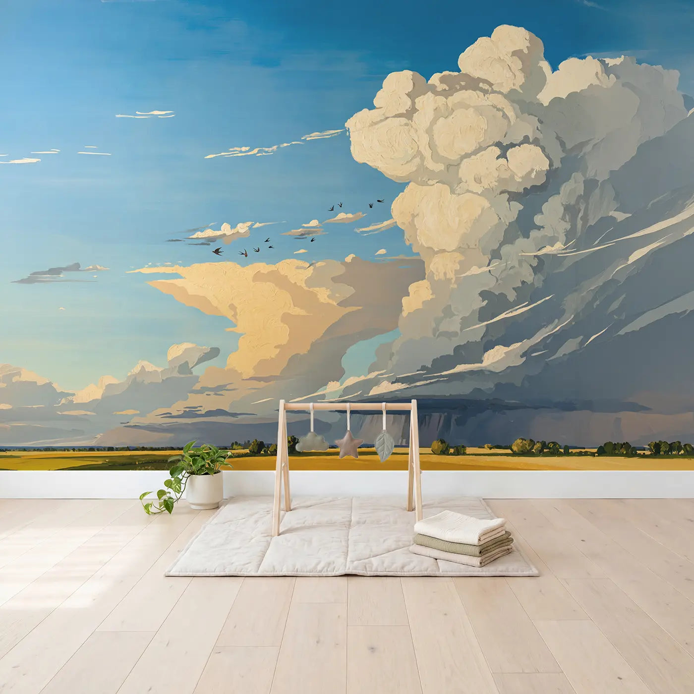 Summer Thunderhead Sky Wallpaper Mural in playroom setting by Whimsy Tots