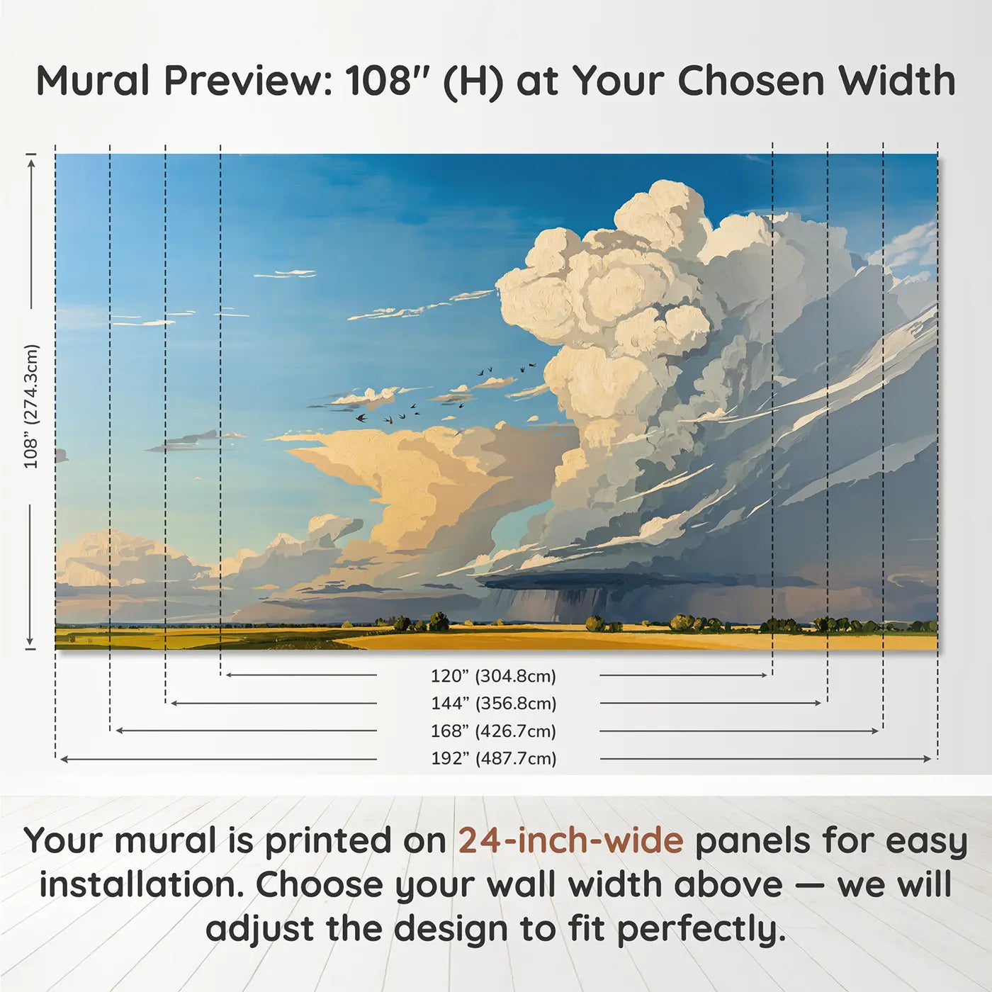 Panel layout and dimensions for Summer Thunderhead Sky Wallpaper Mural by Whimsy Tots