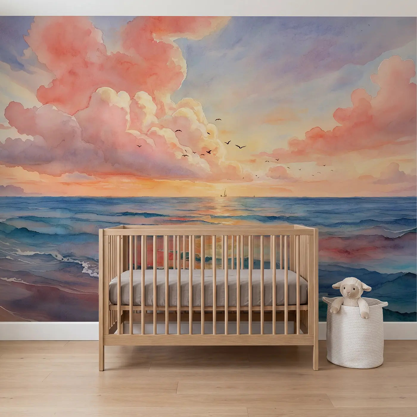 Watercolor cotton candy sunset sea wallpaper mural for nursery by Whimsy Tots