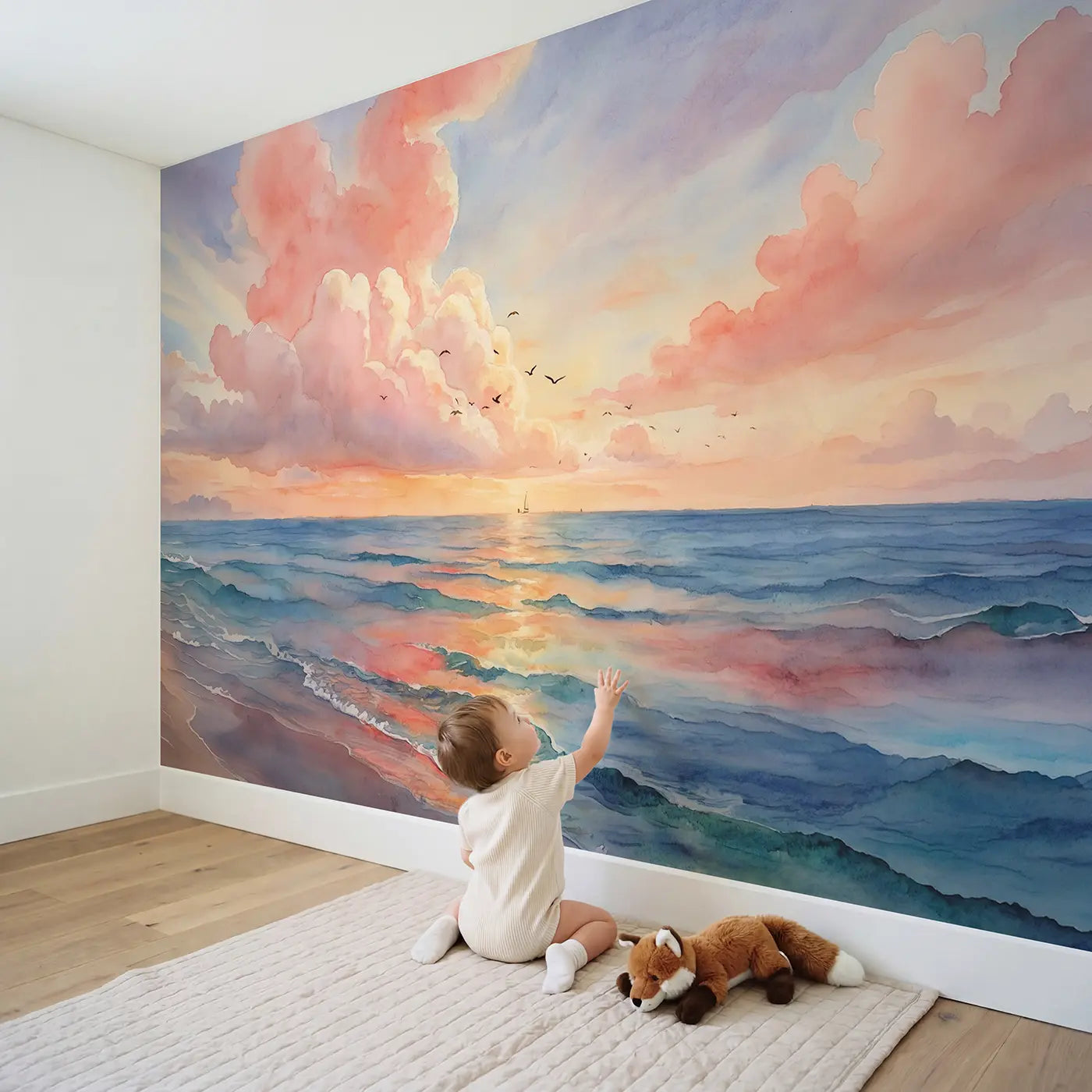 Child in nursery with Cotton Candy Sunset Sea Wallpaper Mural by Whimsy Tots