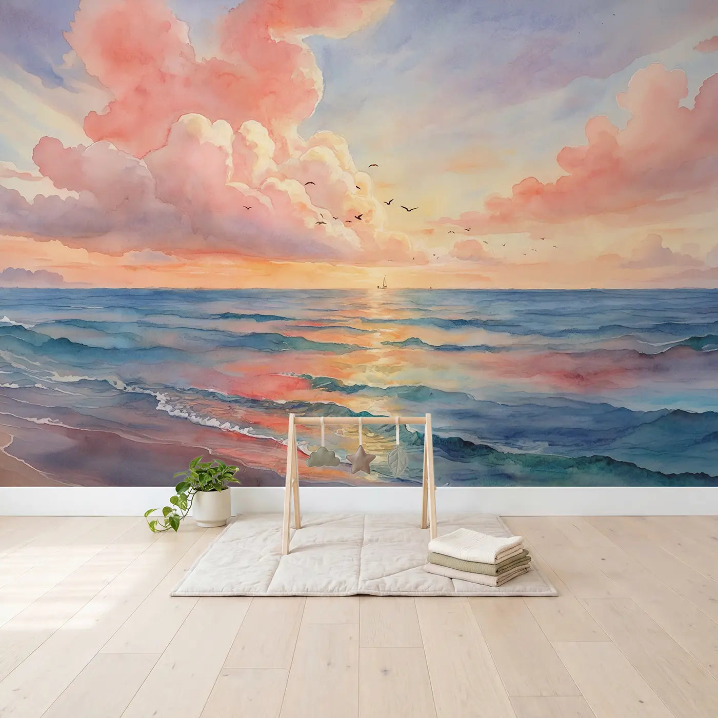 Cotton Candy Sunset Sea Wallpaper Mural in playroom setting by Whimsy Tots