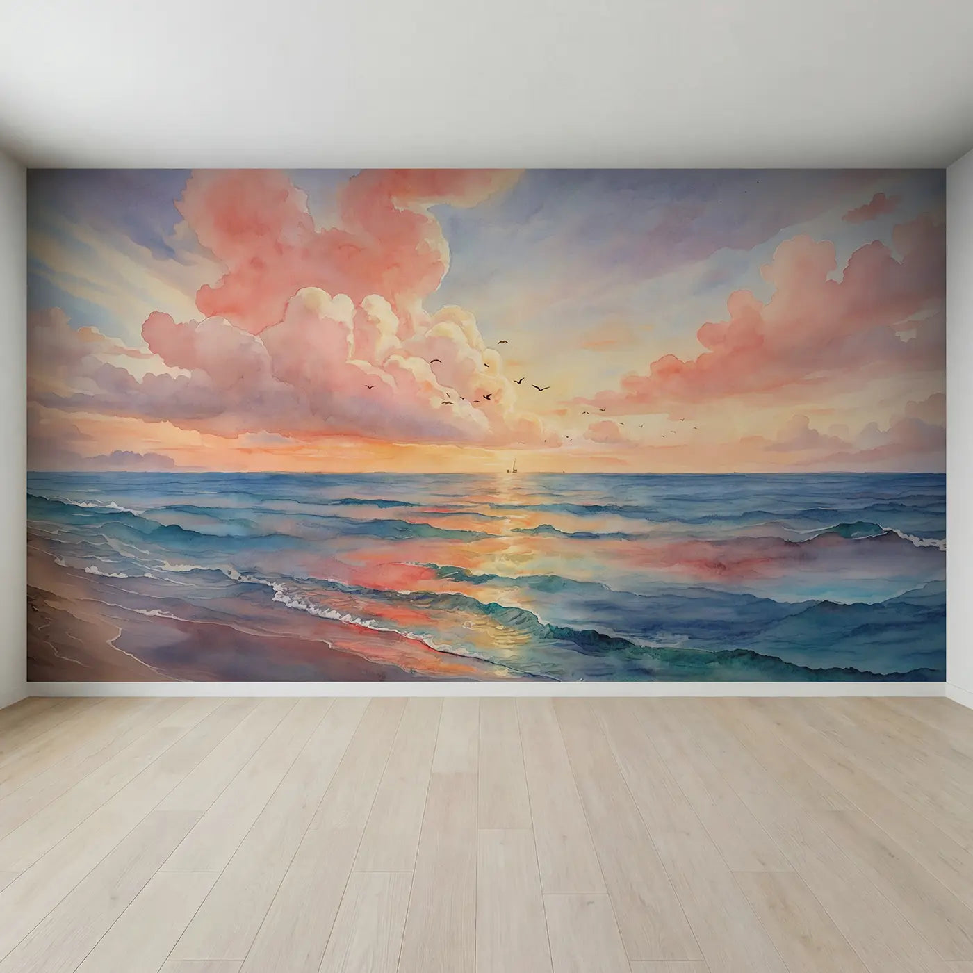 Full view of Cotton Candy Sunset Sea Wallpaper Mural by Whimsy Tots