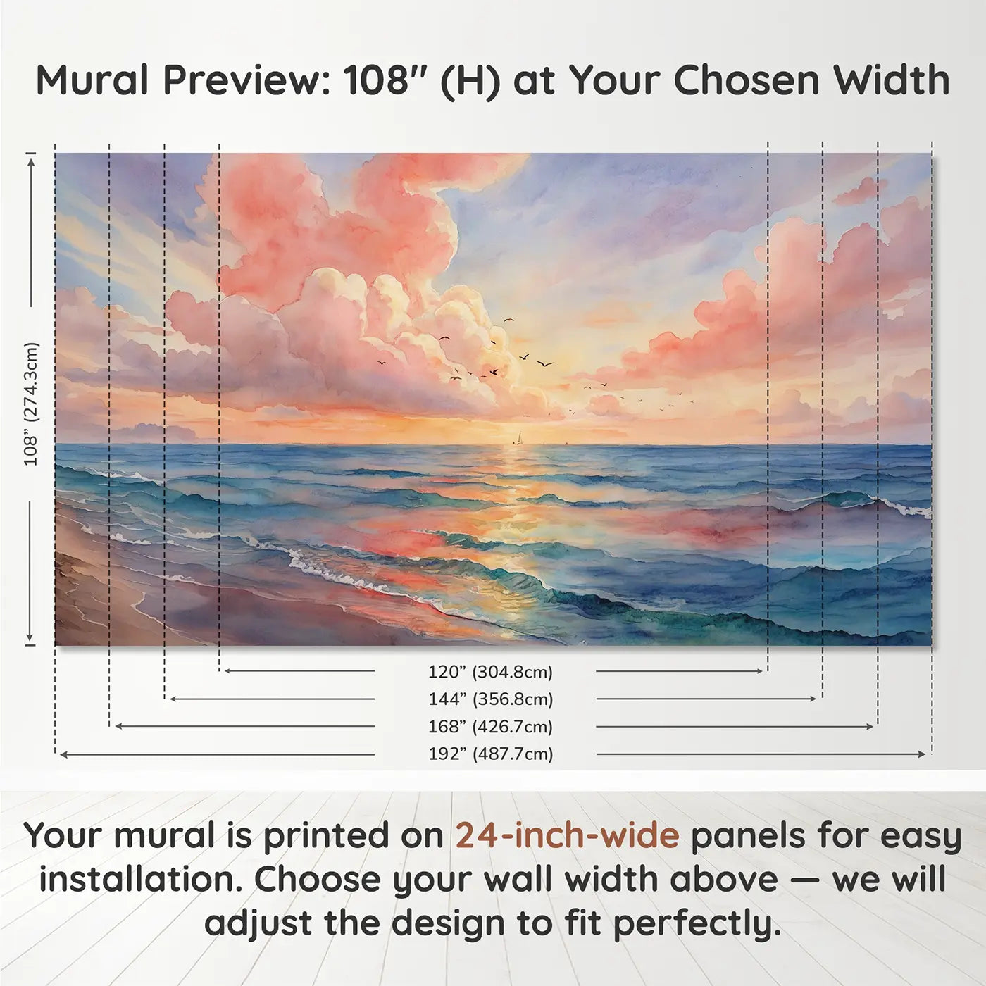 Panel layout and dimensions for Cotton Candy Sunset Sea Wallpaper Mural by Whimsy Tots