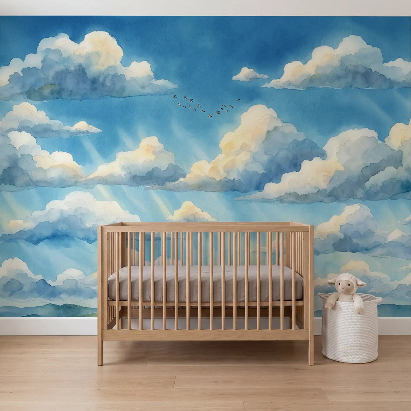 Watercolor fair weather cloud sky wallpaper mural for nursery by Whimsy Tots