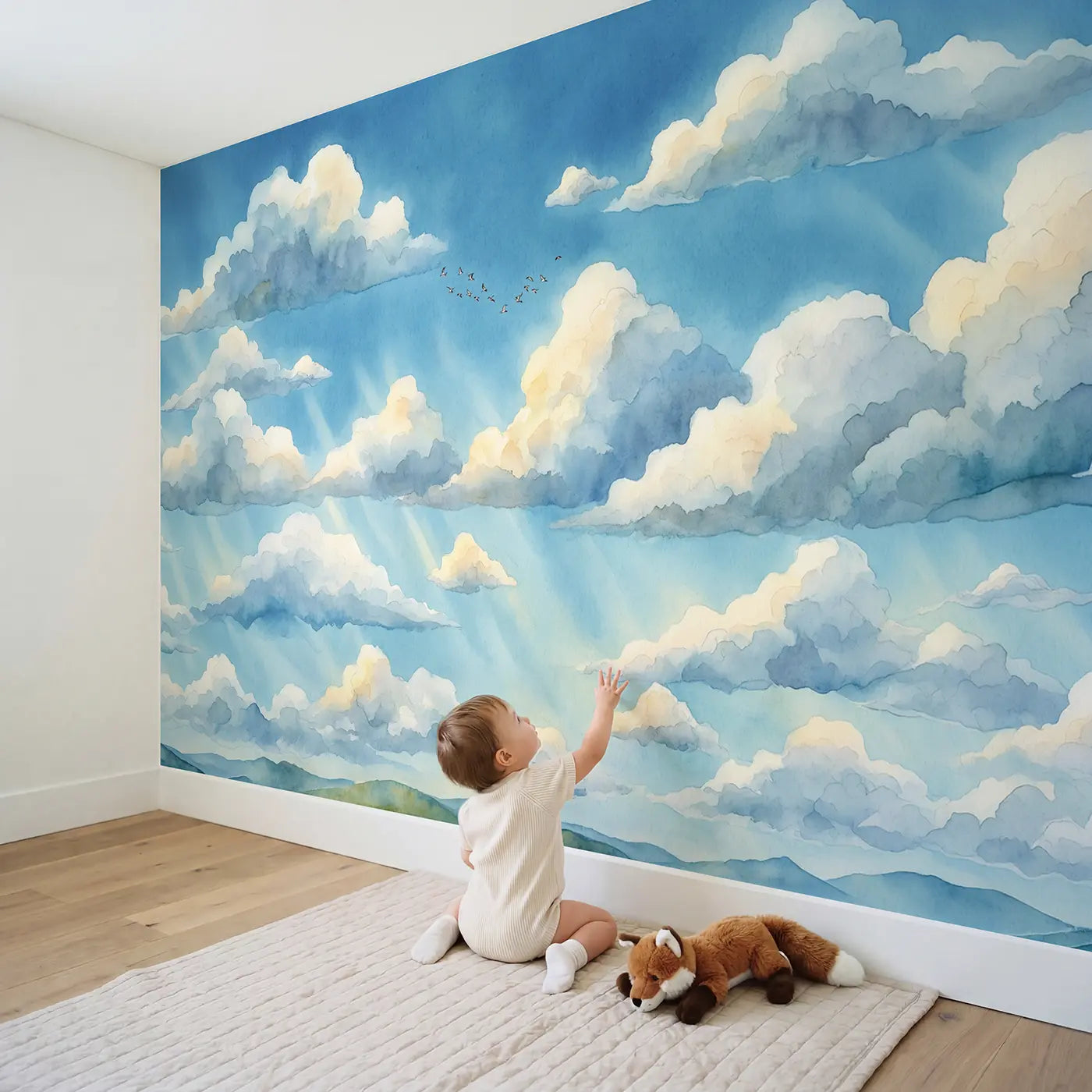 Child in nursery with Fair Weather Cloud Sky Wallpaper Mural by Whimsy Tots