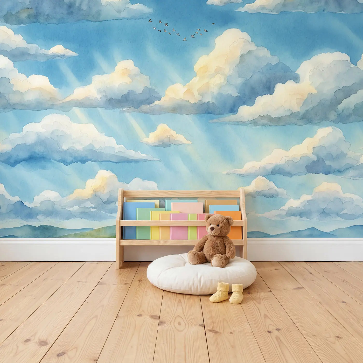 Fair Weather Cloud Sky Wallpaper Mural in playroom setting by Whimsy Tots