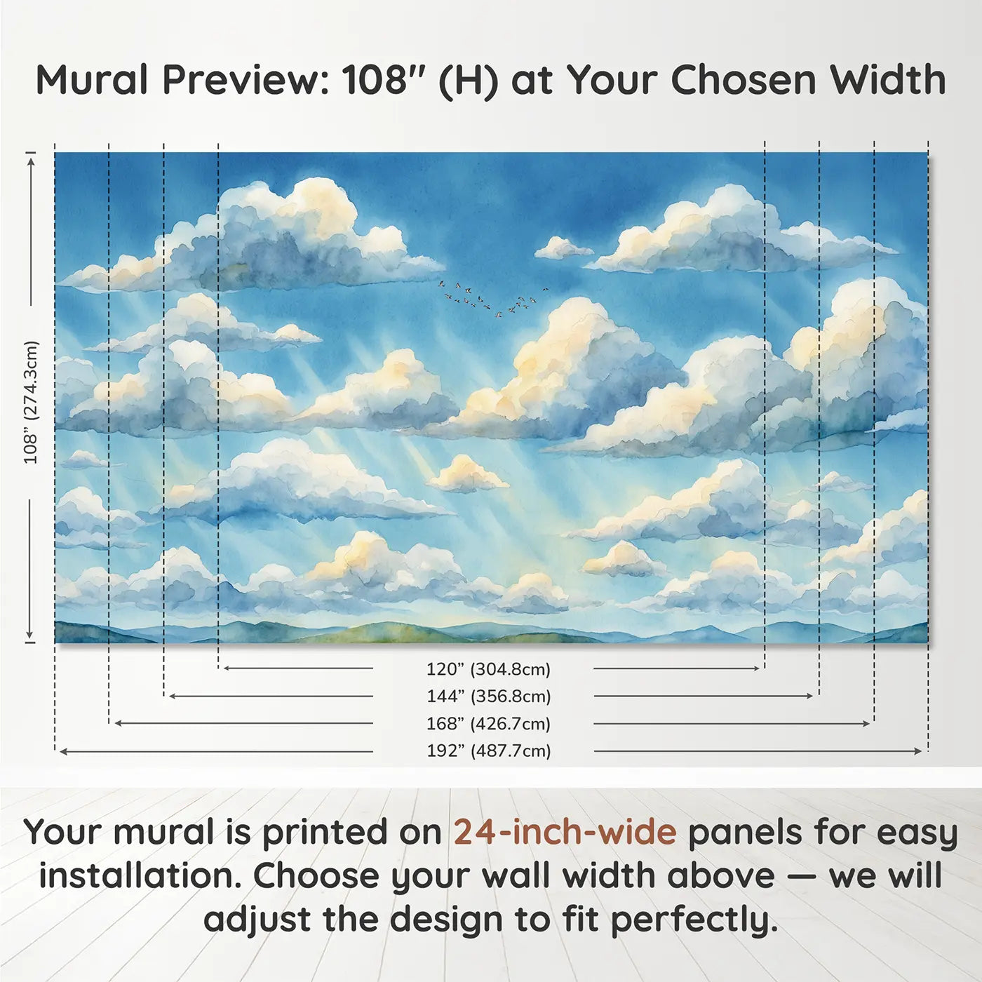 Panel layout and dimensions for Fair Weather Cloud Sky Wallpaper Mural by Whimsy Tots