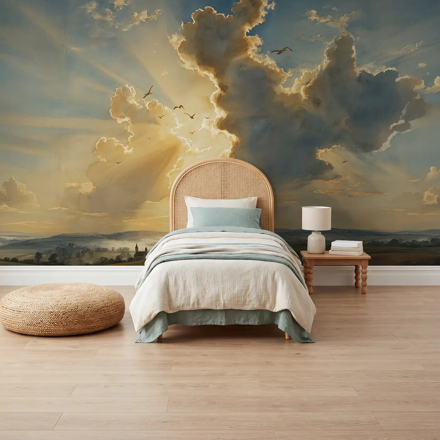storybook sunrise silver clouds morning sky wallpaper mural for kids room by Whimsy Tots