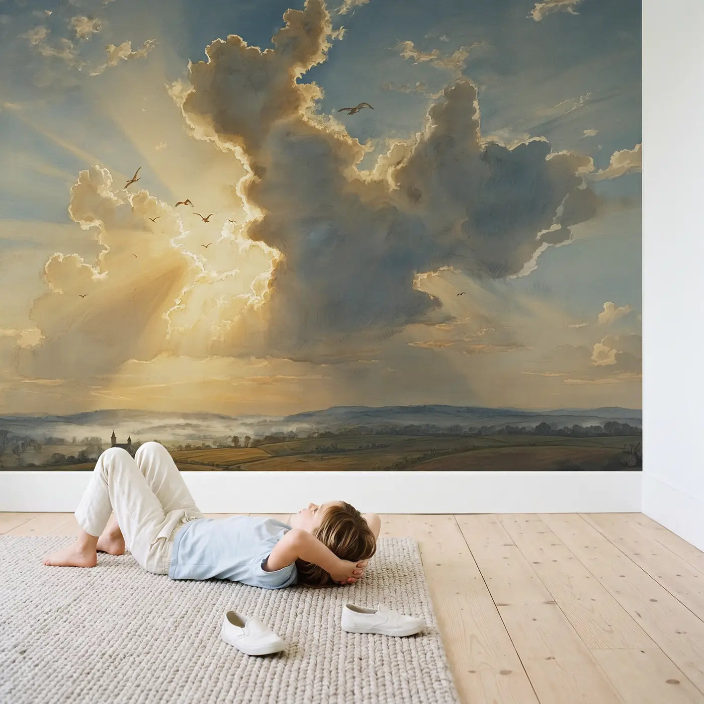 Child in nursery with Silver Lining Sunrise Wallpaper Mural by Whimsy Tots