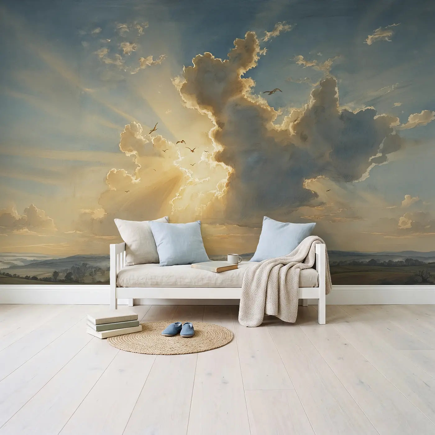 Silver Lining Sunrise Wallpaper Mural in playroom setting by Whimsy Tots
