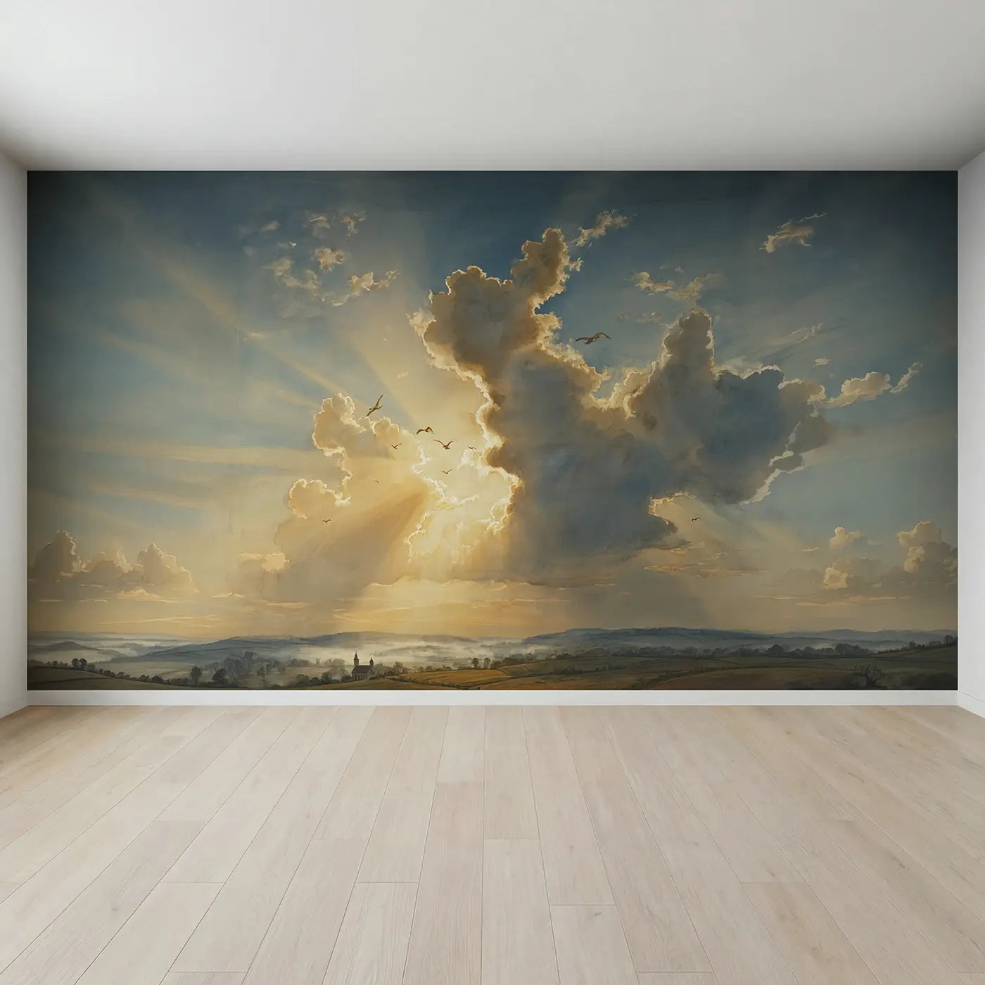 Full view of Silver Lining Sunrise Wallpaper Mural by Whimsy Tots