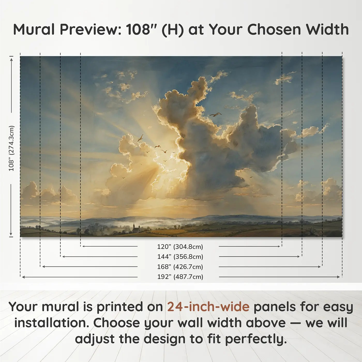 Panel layout and dimensions for Silver Lining Sunrise Wallpaper Mural by Whimsy Tots