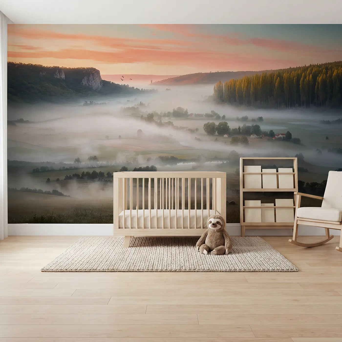 Soft pastel valley fog sunrise wallpaper mural for nursery by Whimsy Tots