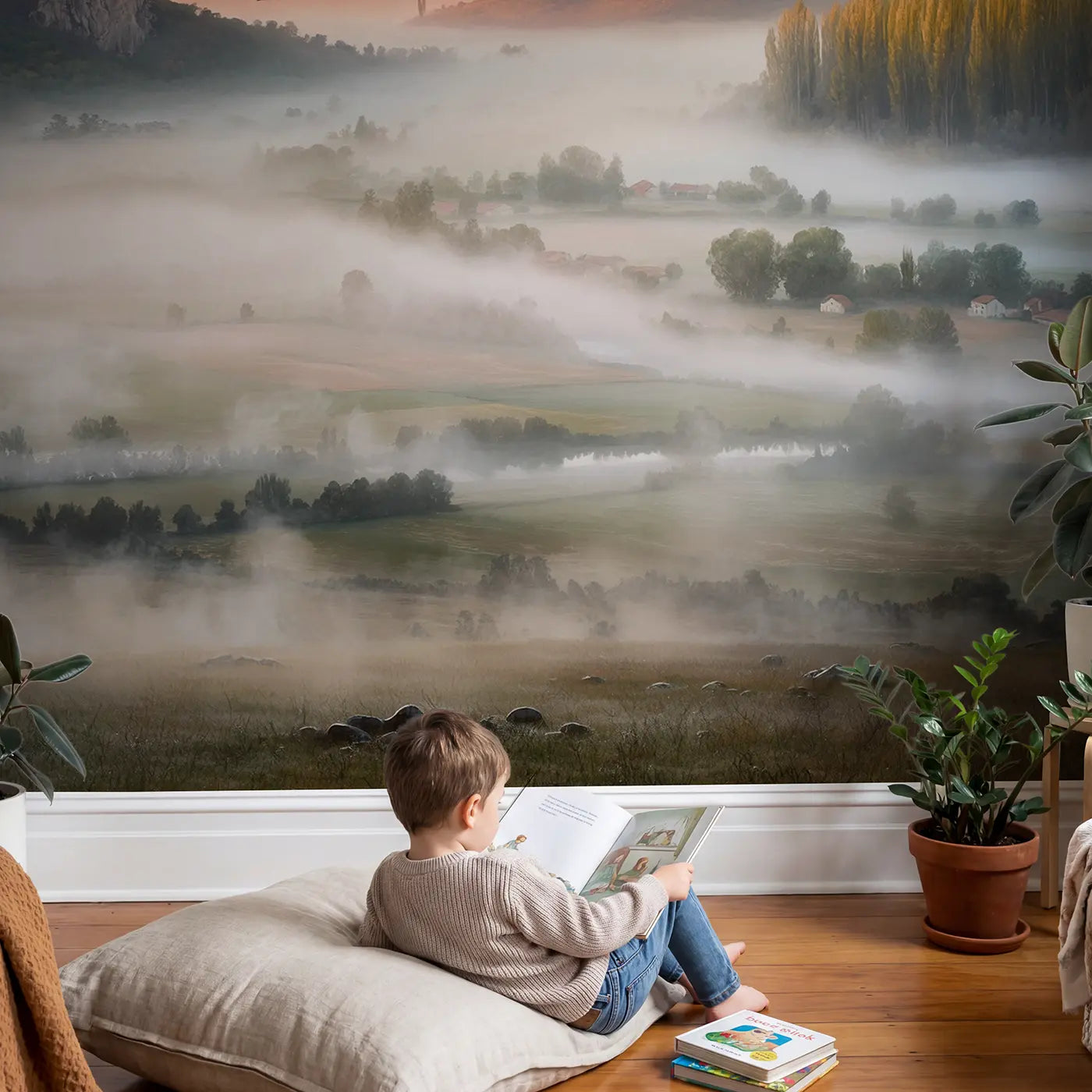 Child in nursery with Valley Fog Reveal Wallpaper Mural by Whimsy Tots
