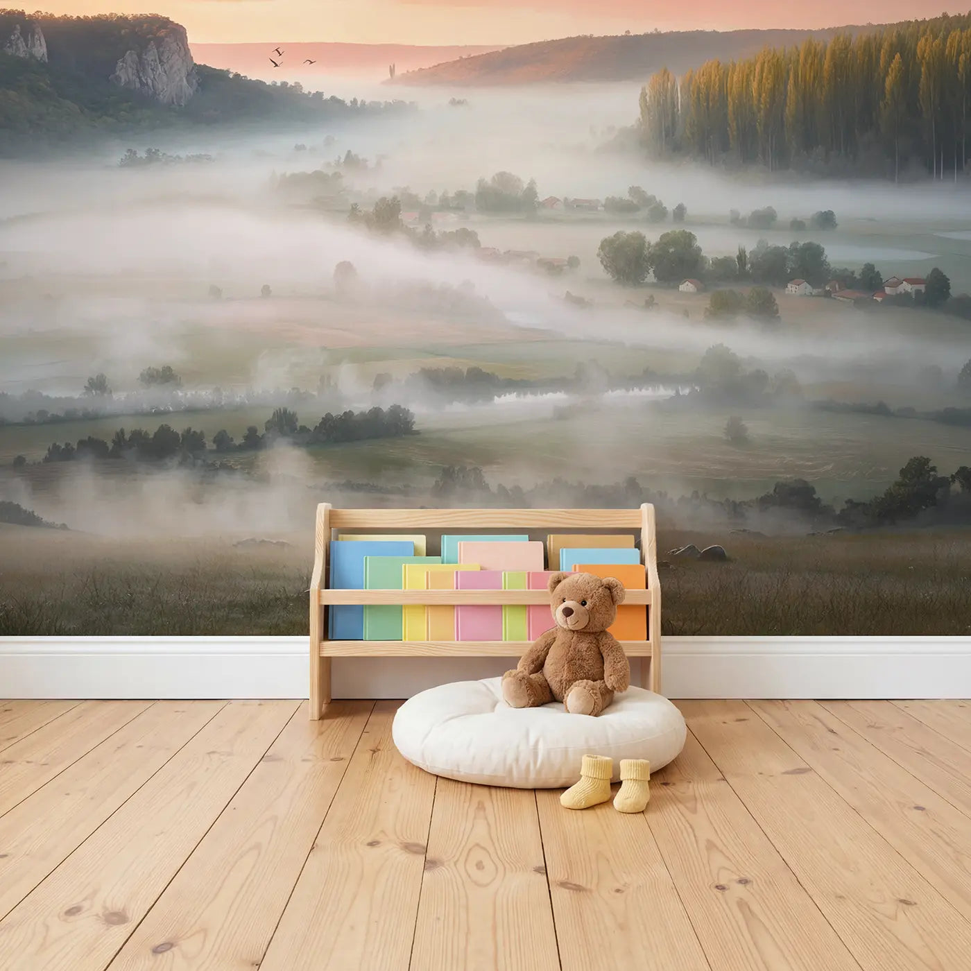 Valley Fog Reveal Wallpaper Mural in playroom setting by Whimsy Tots