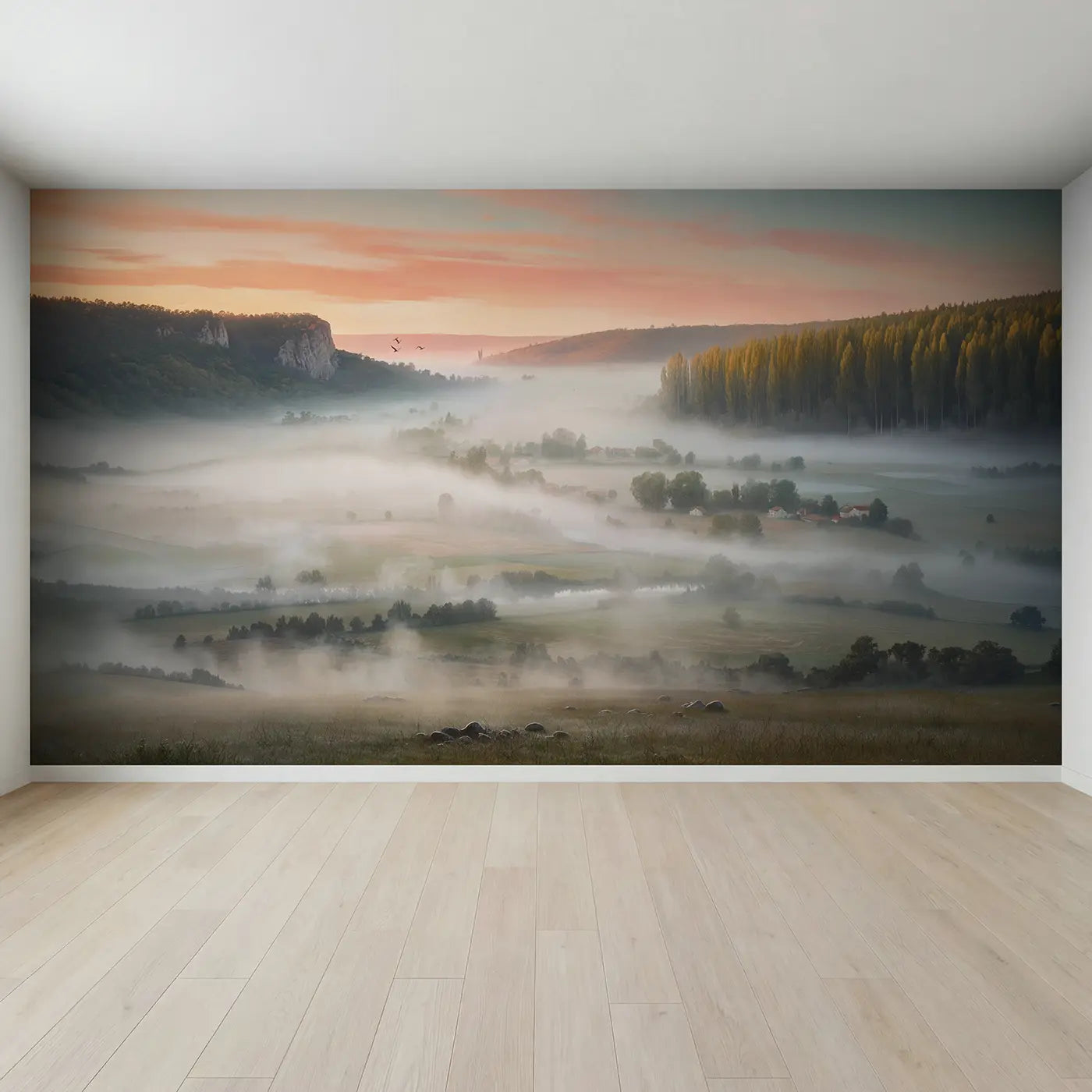 Full view of Valley Fog Reveal Wallpaper Mural by Whimsy Tots