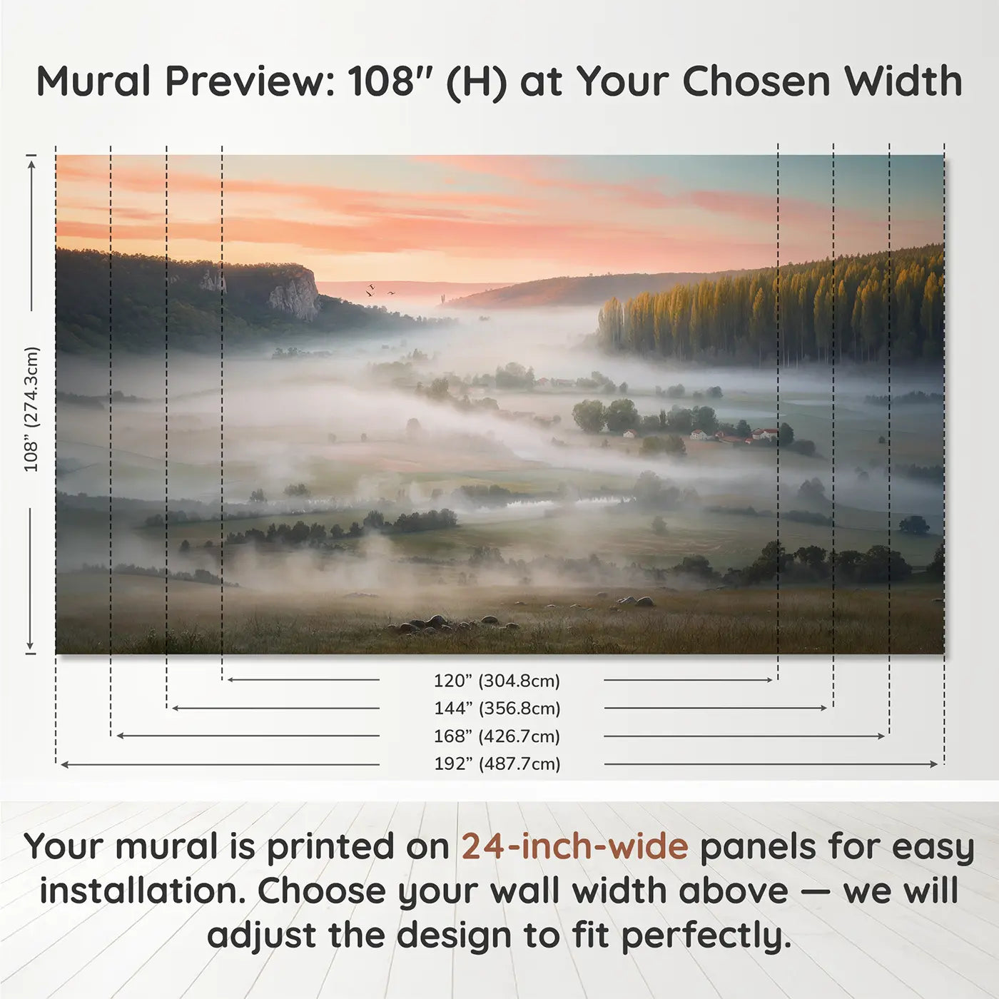 Panel layout and dimensions for Valley Fog Reveal Wallpaper Mural by Whimsy Tots