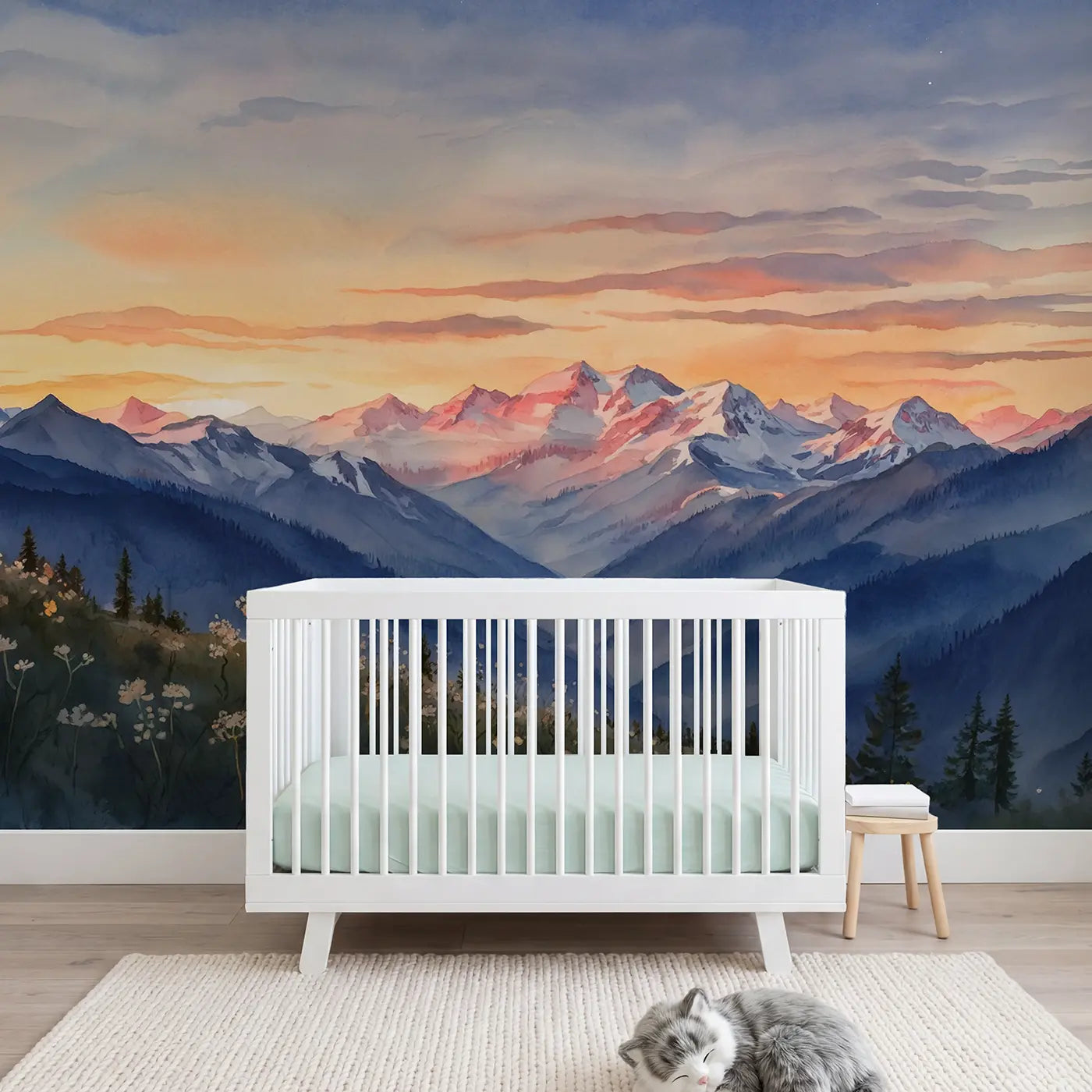 Watercolor alpenglow mountain sunset sky wallpaper mural for girls room by Whimsy Tots