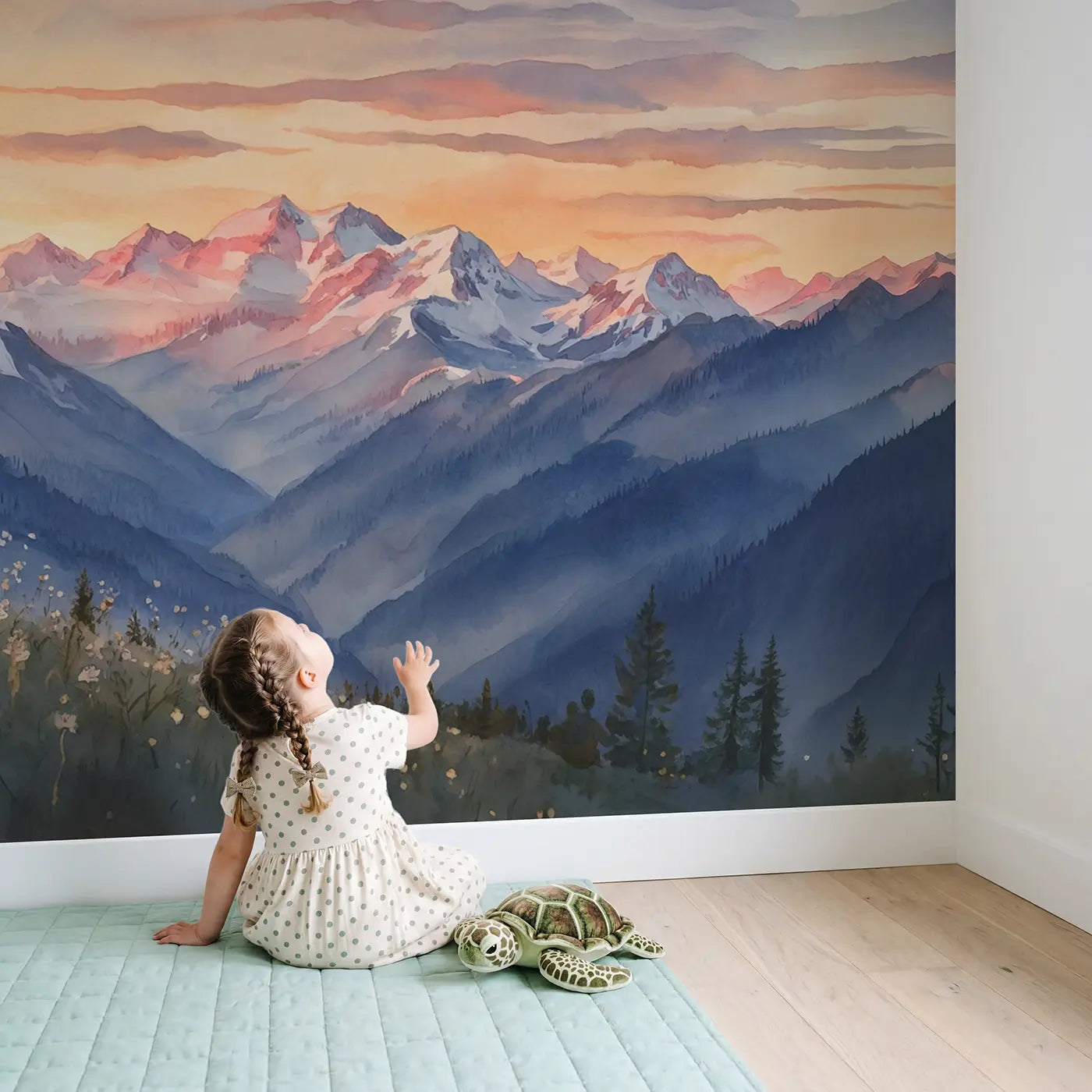 Child in nursery with Alpenglow Mountain Sunset Sky Wallpaper Mural by Whimsy Tots