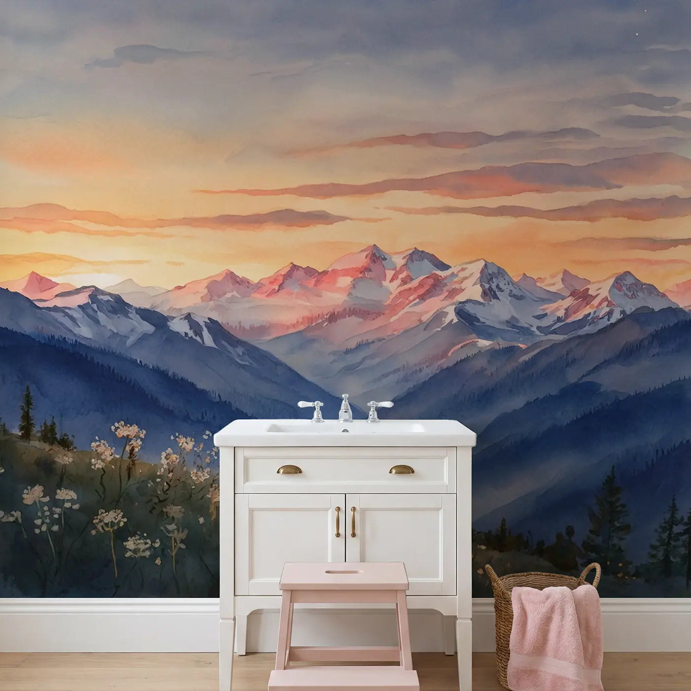 Alpenglow Mountain Sunset Sky Wallpaper Mural in playroom setting by Whimsy Tots
