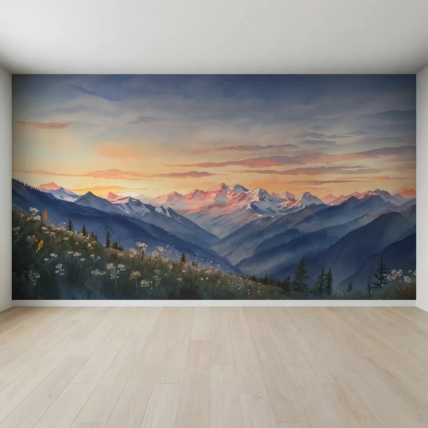 Full view of Alpenglow Mountain Sunset Sky Wallpaper Mural by Whimsy Tots
