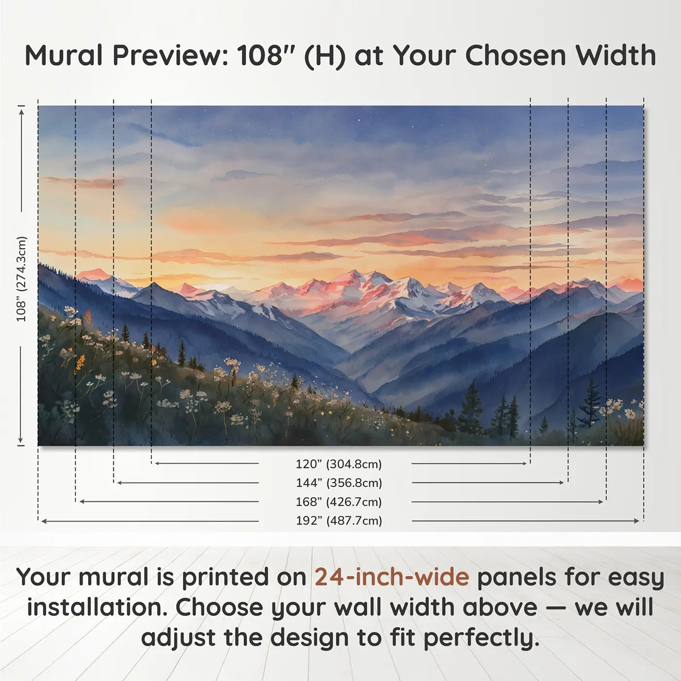 Panel layout and dimensions for Alpenglow Mountain Sunset Sky Wallpaper Mural by Whimsy Tots