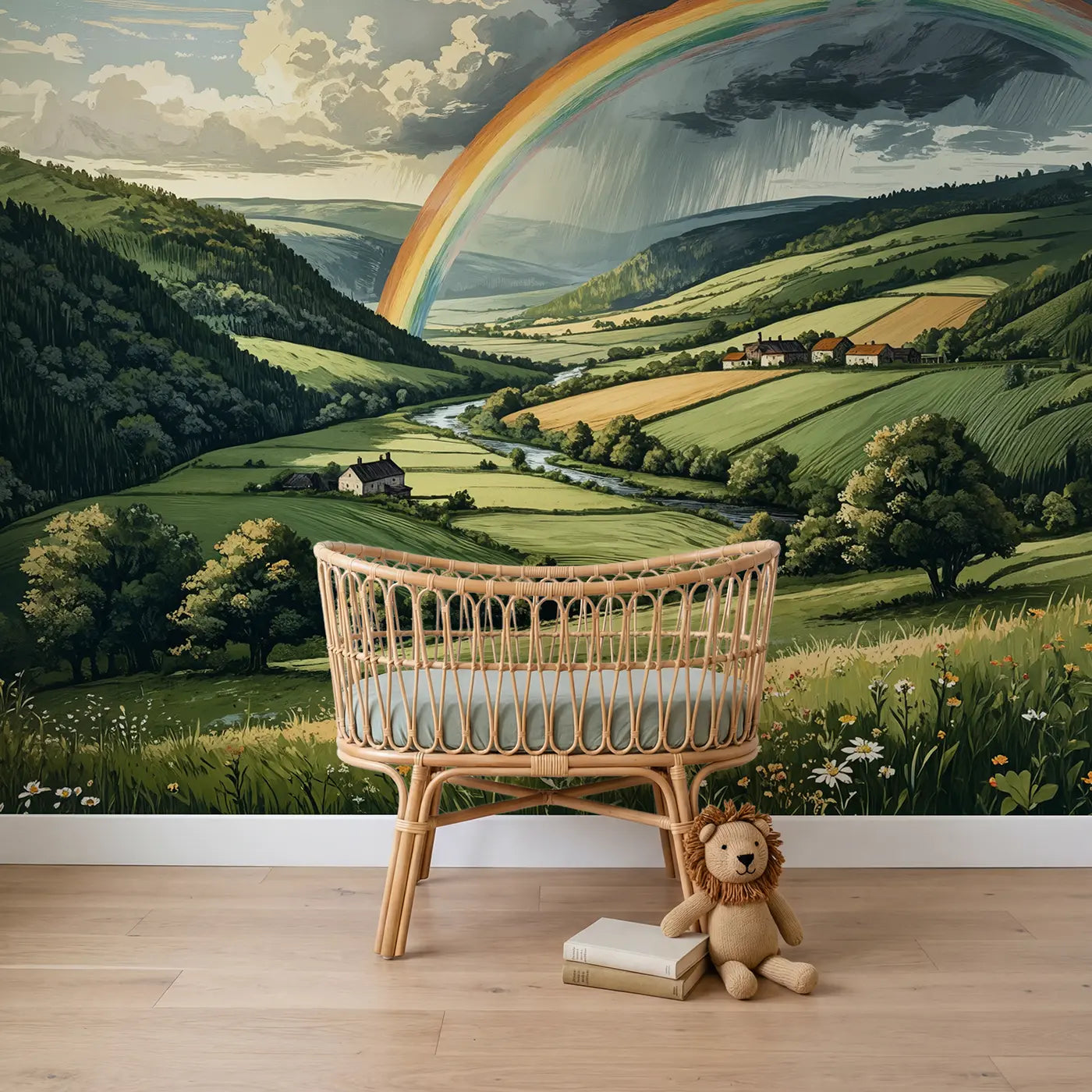 block print double rainbow valley sky wallpaper mural for boys room by Whimsy Tots