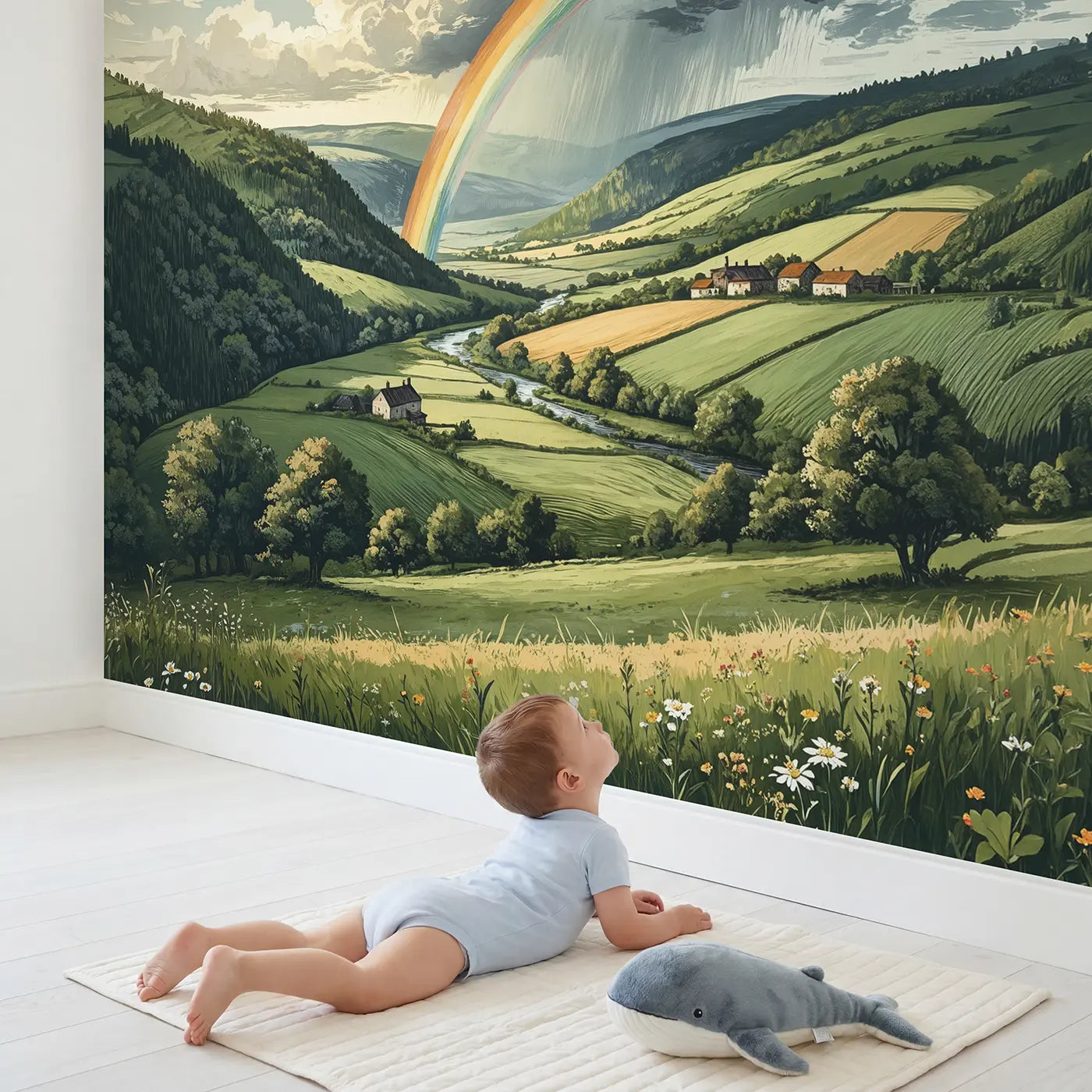 Child in nursery with Double Rainbow Valley Wallpaper Mural by Whimsy Tots