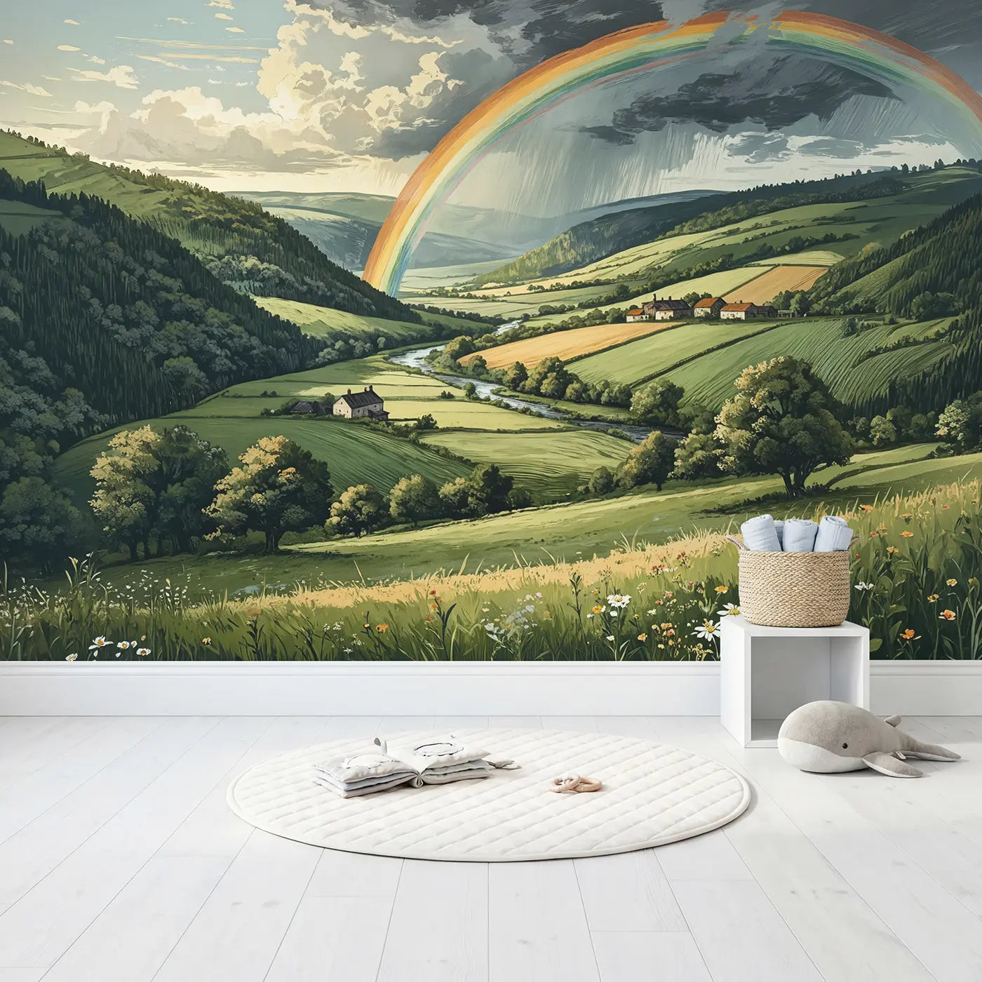 Double Rainbow Valley Wallpaper Mural in playroom setting by Whimsy Tots
