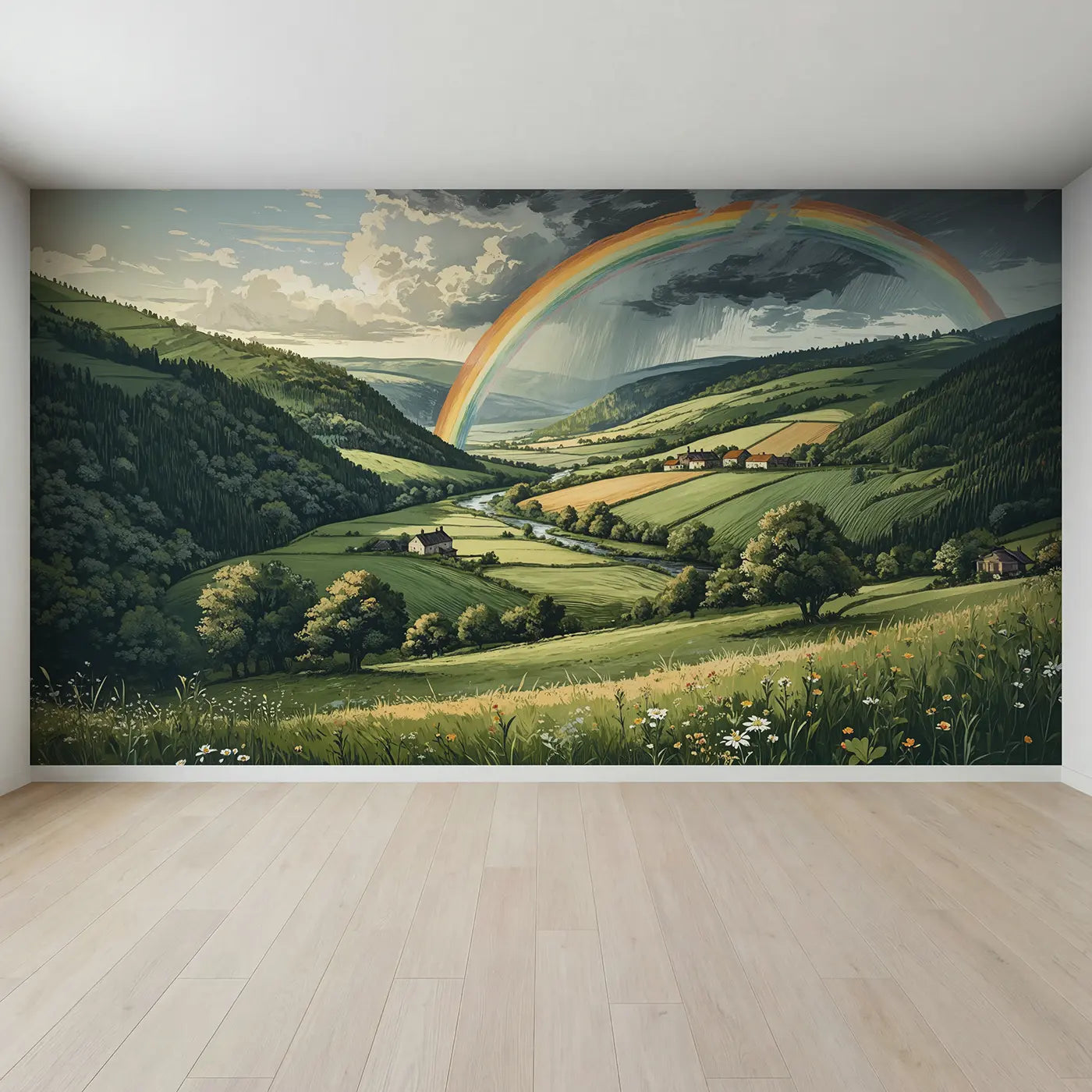 Full view of Double Rainbow Valley Wallpaper Mural by Whimsy Tots