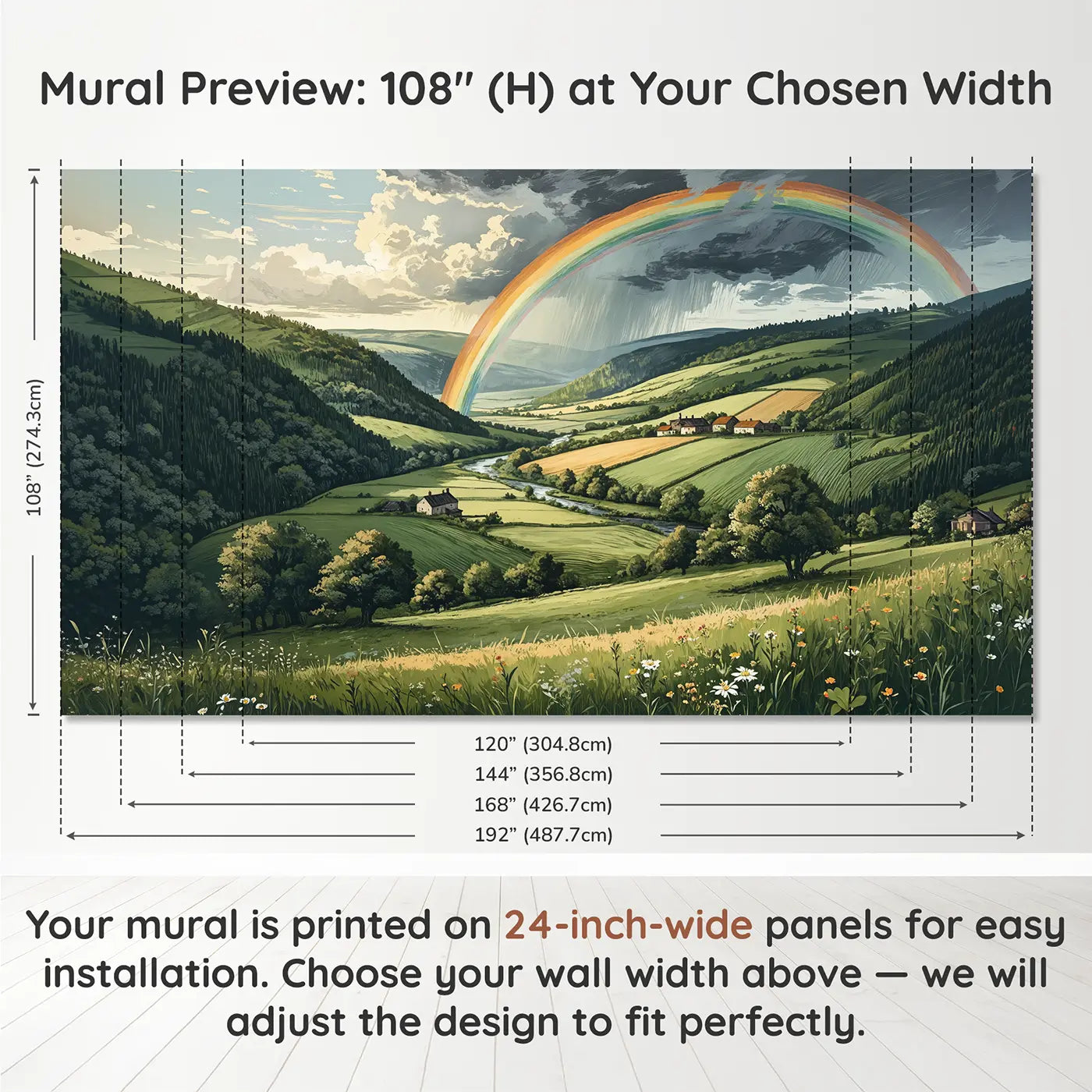 Panel layout and dimensions for Double Rainbow Valley Wallpaper Mural by Whimsy Tots