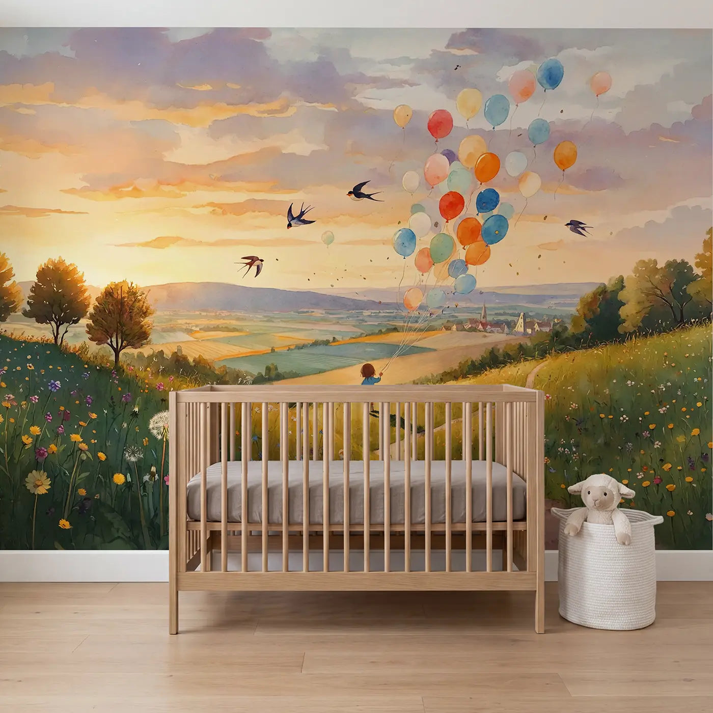 watercolor balloon release hilltop golden sky wallpaper mural for nursery by Whimsy Tots