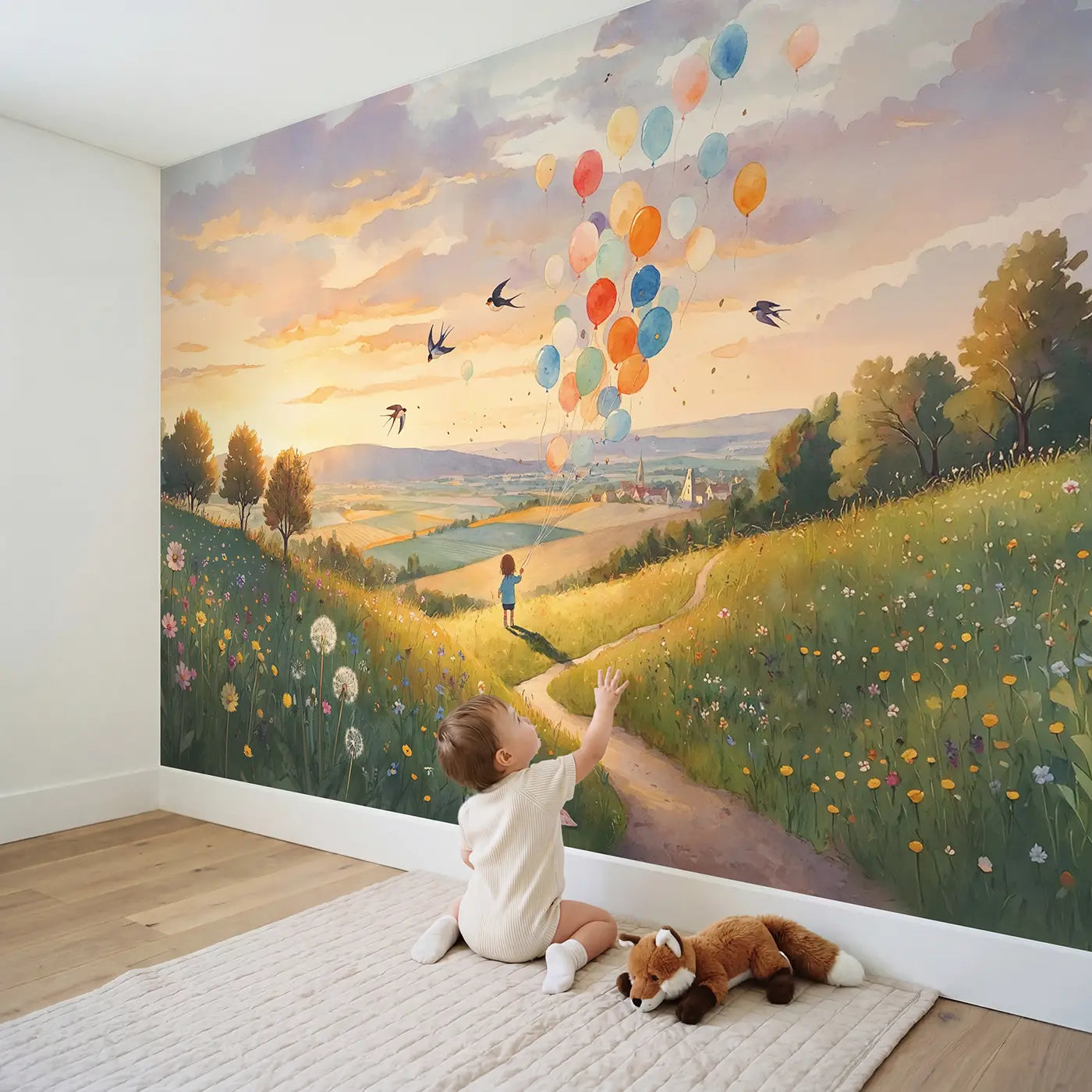 Child in nursery with Hilltop Balloon Release Wallpaper Mural by Whimsy Tots