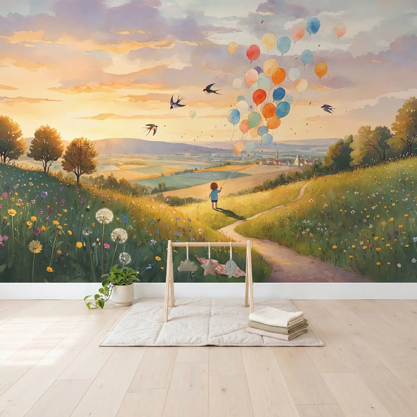 Hilltop Balloon Release Wallpaper Mural in playroom setting by Whimsy Tots
