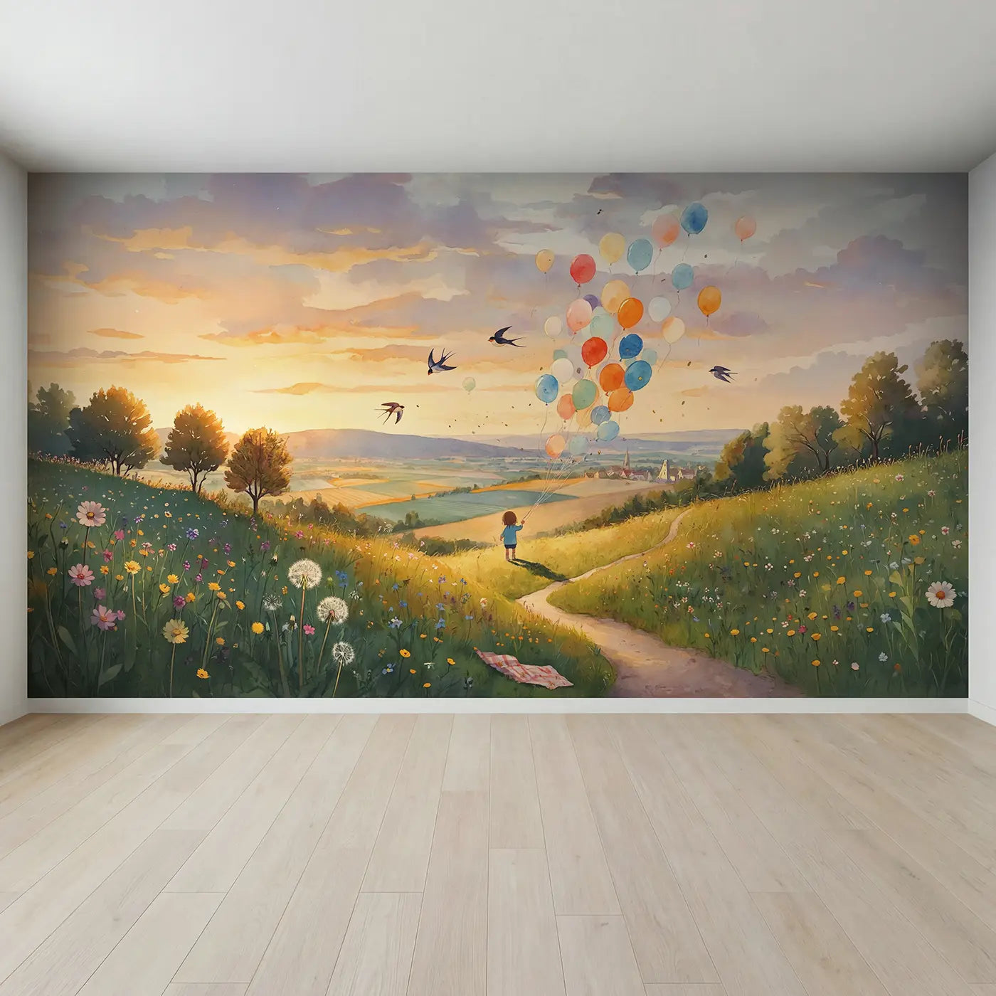 Full view of Hilltop Balloon Release Wallpaper Mural by Whimsy Tots