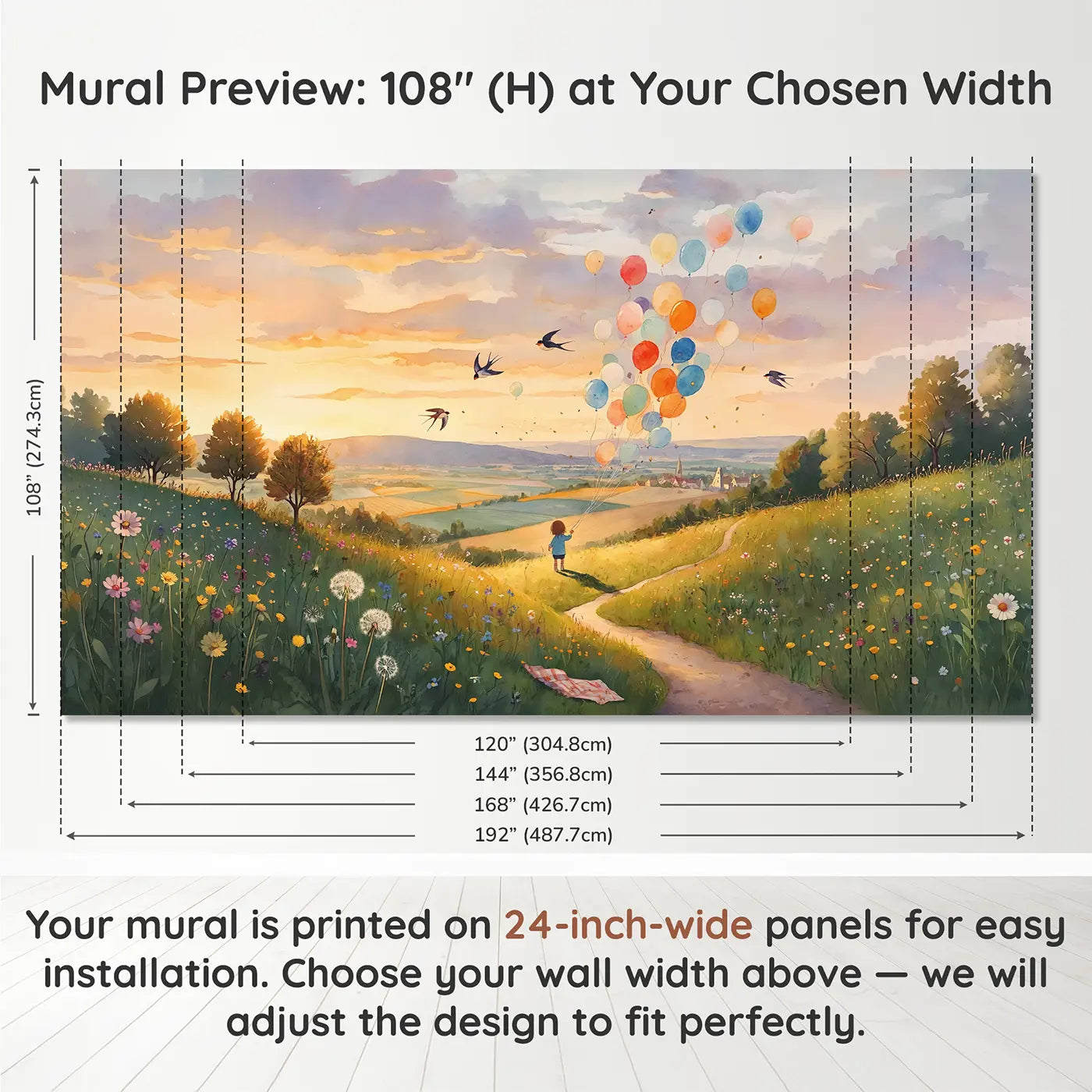 Panel layout and dimensions for Hilltop Balloon Release Wallpaper Mural by Whimsy Tots