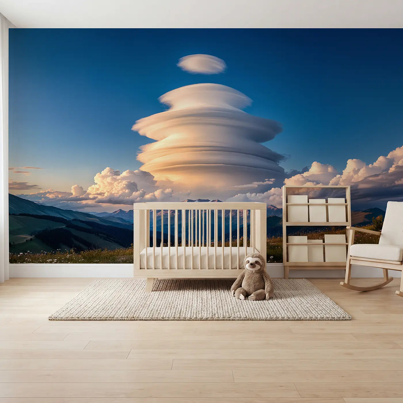 Soft pastel lenticular cloud mountain wallpaper mural for nursery by Whimsy Tots