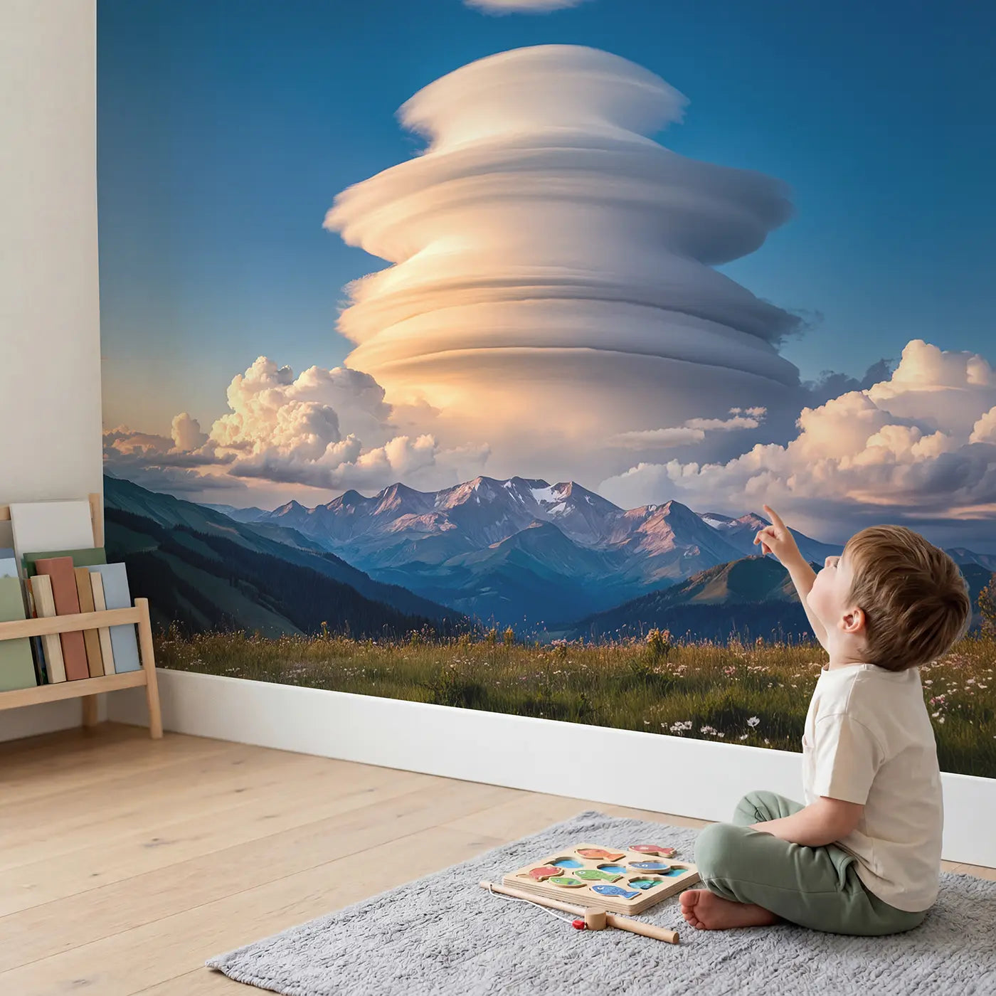 Child in nursery with Lenticular Cloud Mountain Wallpaper Mural by Whimsy Tots