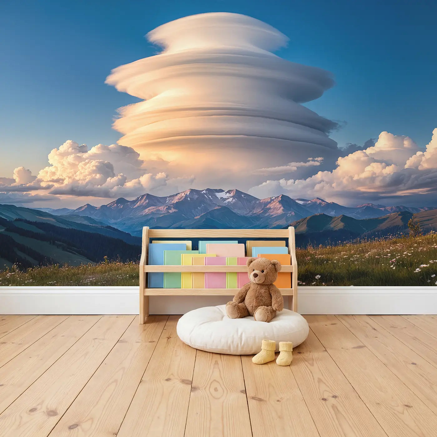 Lenticular Cloud Mountain Wallpaper Mural in playroom setting by Whimsy Tots