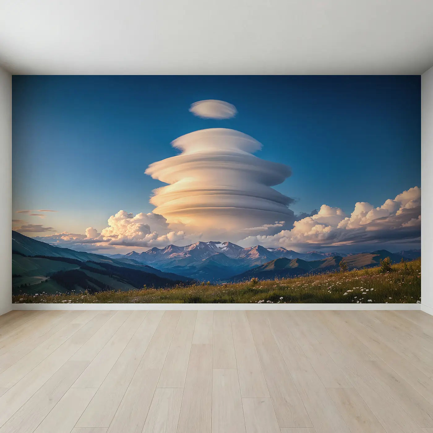 Full view of Lenticular Cloud Mountain Wallpaper Mural by Whimsy Tots