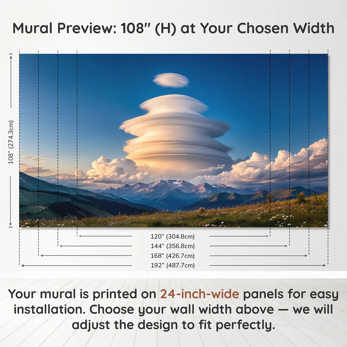 Panel layout and dimensions for Lenticular Cloud Mountain Wallpaper Mural by Whimsy Tots