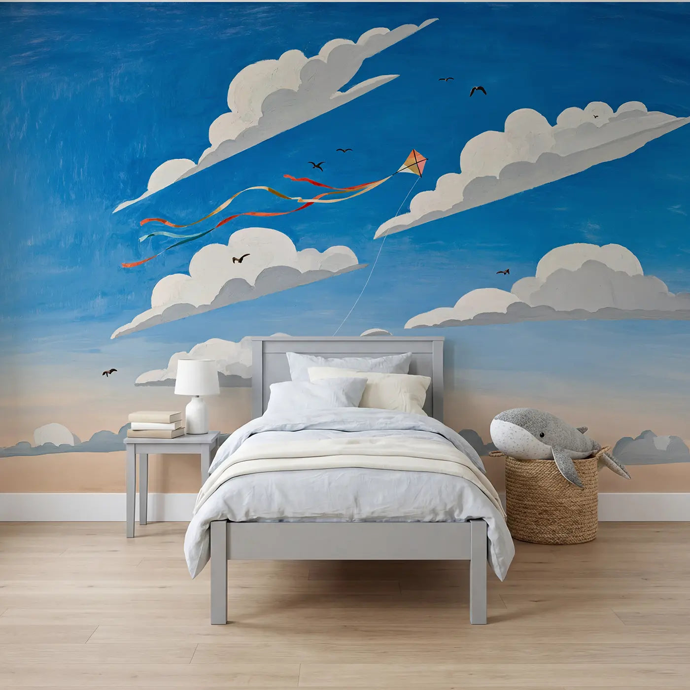 modern illustration cloud dancing kite wallpaper mural for kids room by Whimsy Tots