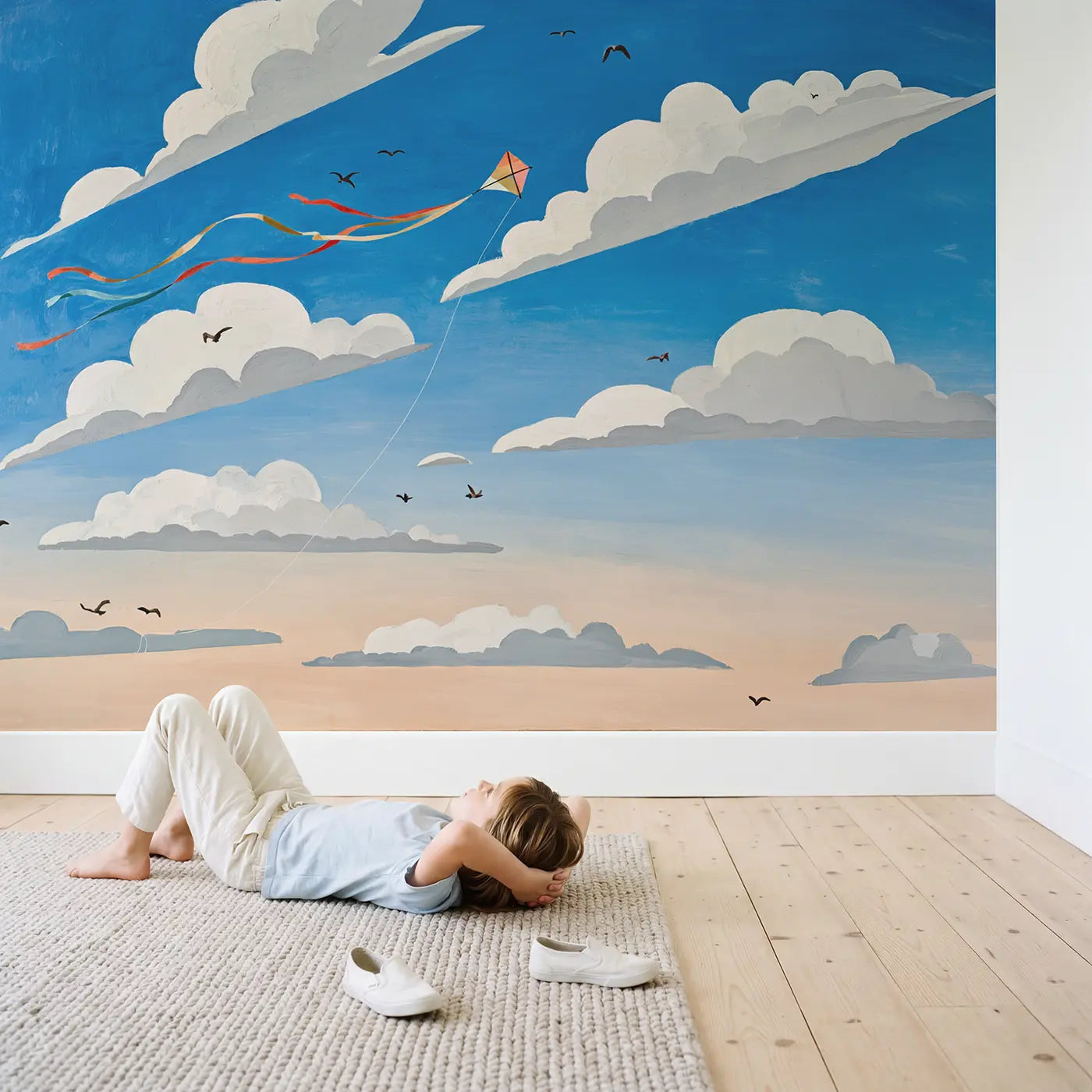 Child in nursery with Cloud Dancing Kite Wallpaper Mural by Whimsy Tots