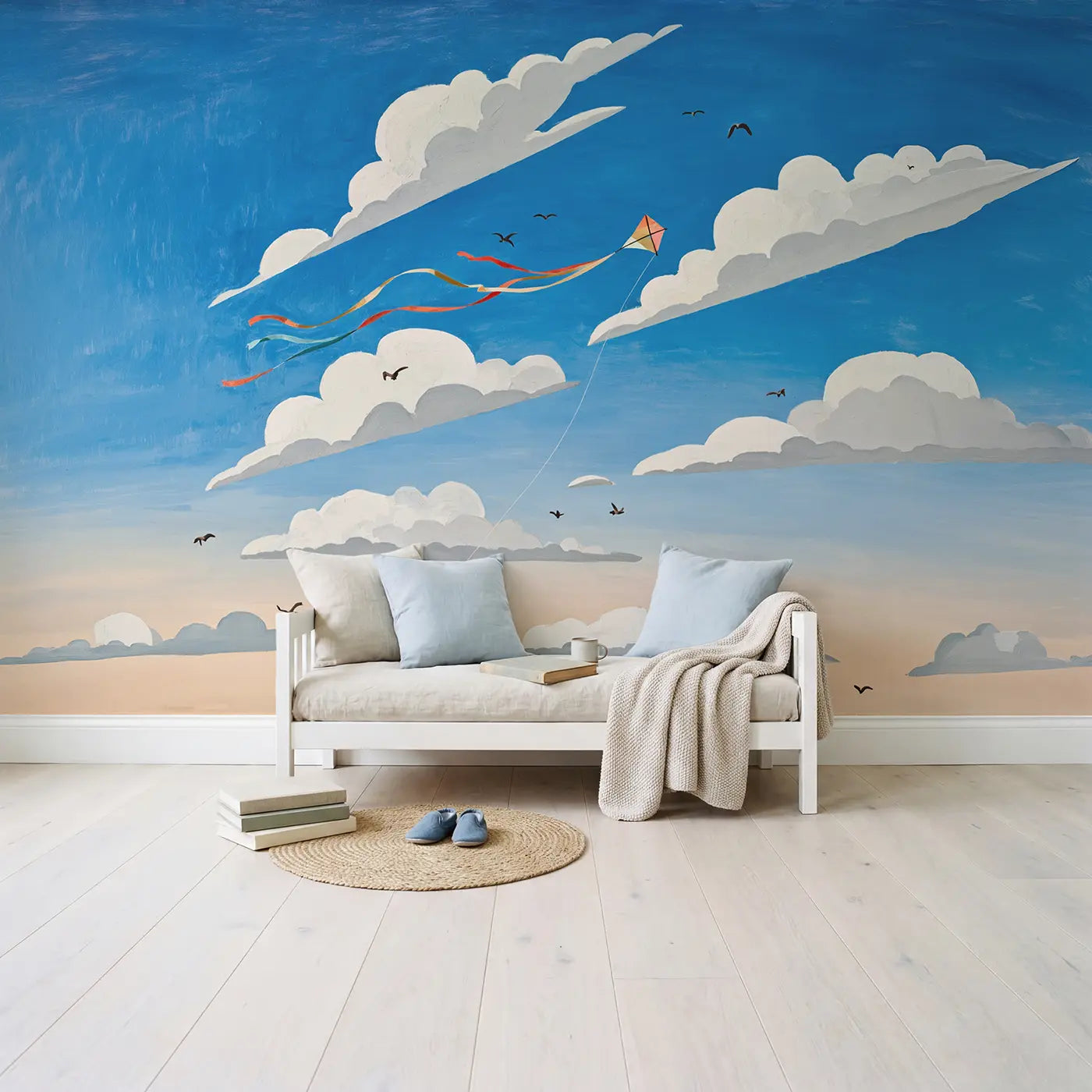 Cloud Dancing Kite Wallpaper Mural in playroom setting by Whimsy Tots
