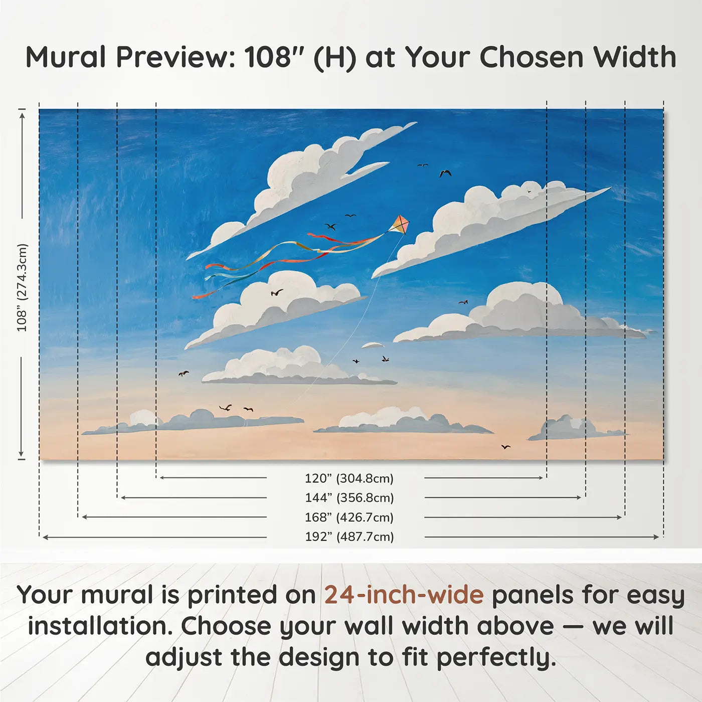 Panel layout and dimensions for Cloud Dancing Kite Wallpaper Mural by Whimsy Tots