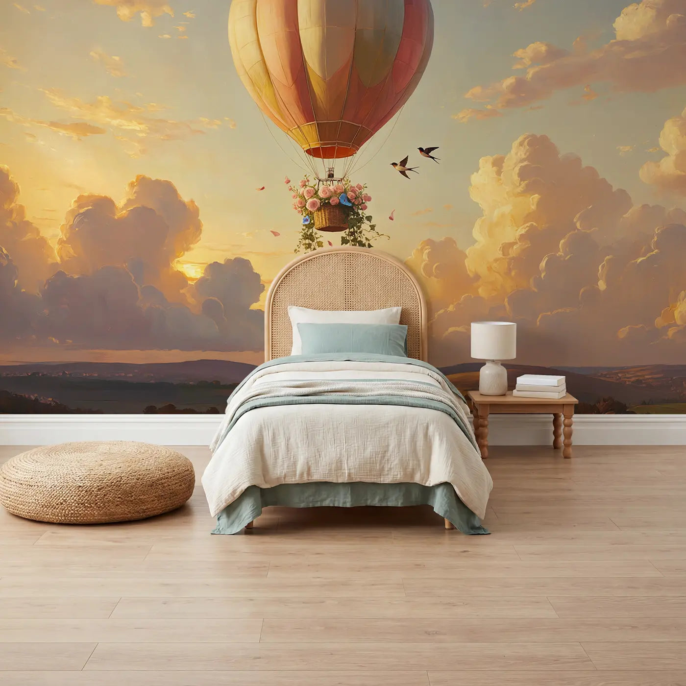 Painted landscape hot air balloon sunrise wallpaper mural for nursery by Whimsy Tots